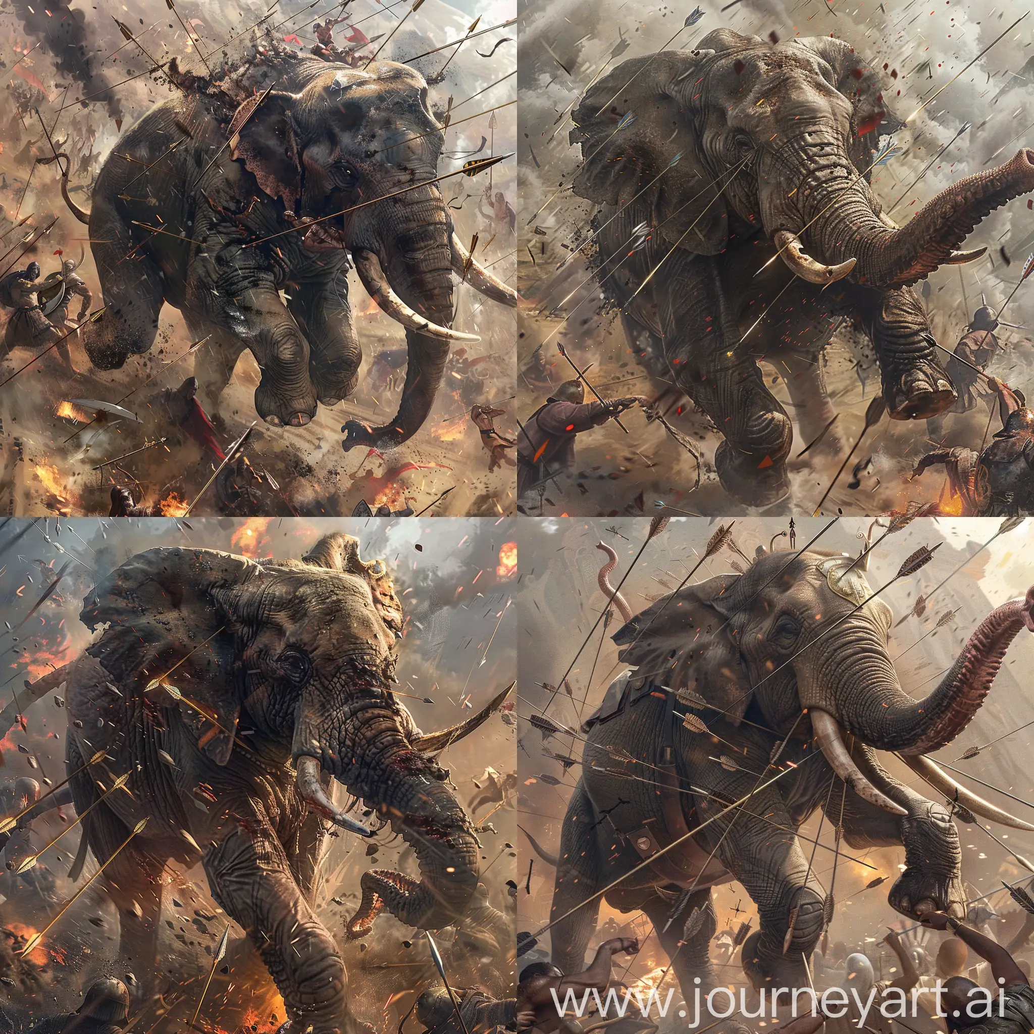  An extremely detailed picture of a war elephant charging through the chaos of an ancient battle. Arrows pierce its armored hide, but it continues to trample enemies underfoot, creating a scene of awe-inspiring terror.