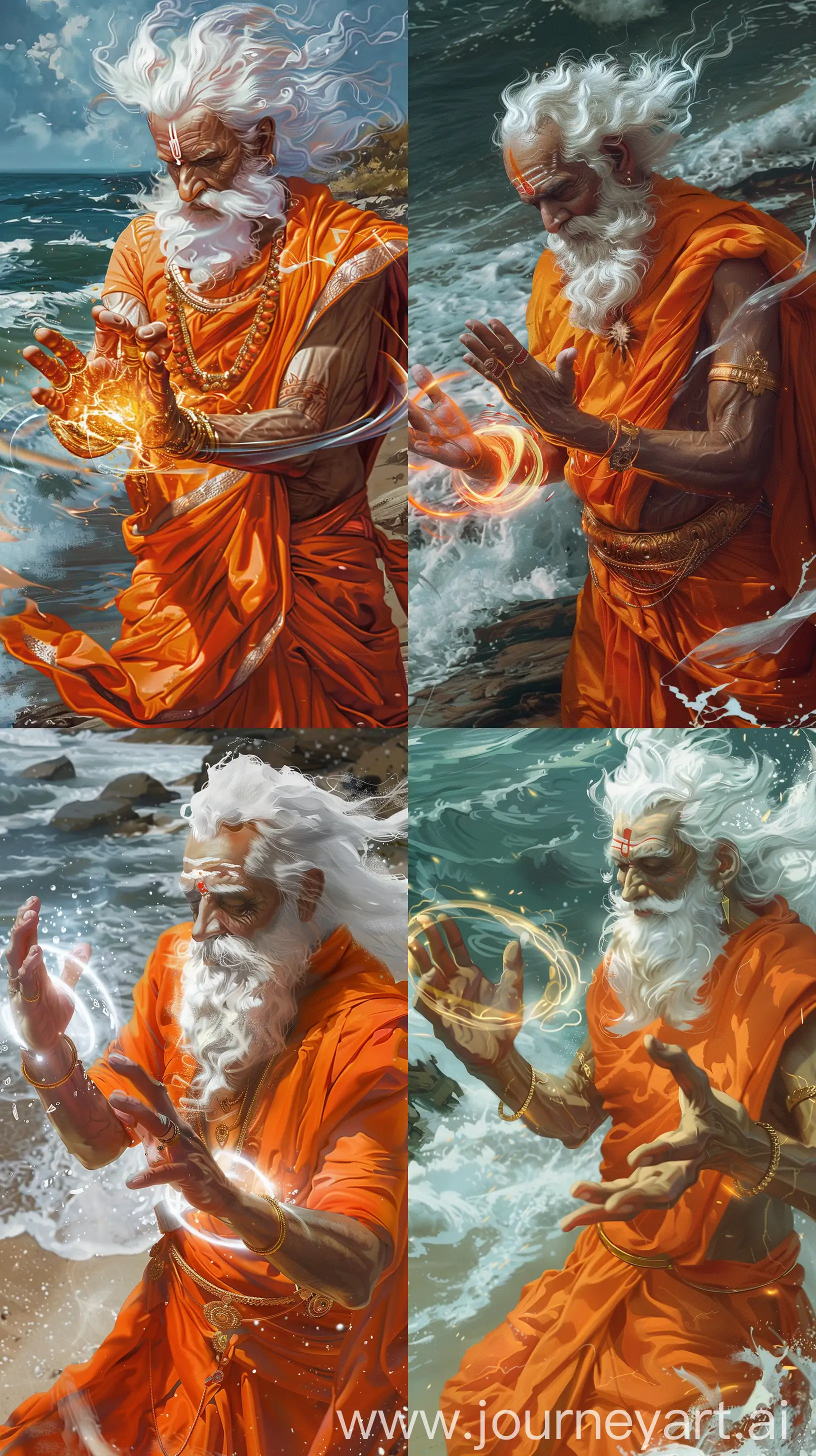 An elderly Indian sage with white hair and beard and in orange attire, seen as if using his divine powers, aura around his hands, eyes closed, standing near a sea shore, intricate details, 8k quality image in Raj Ravi Varma art style --ar 9:16 --v 6