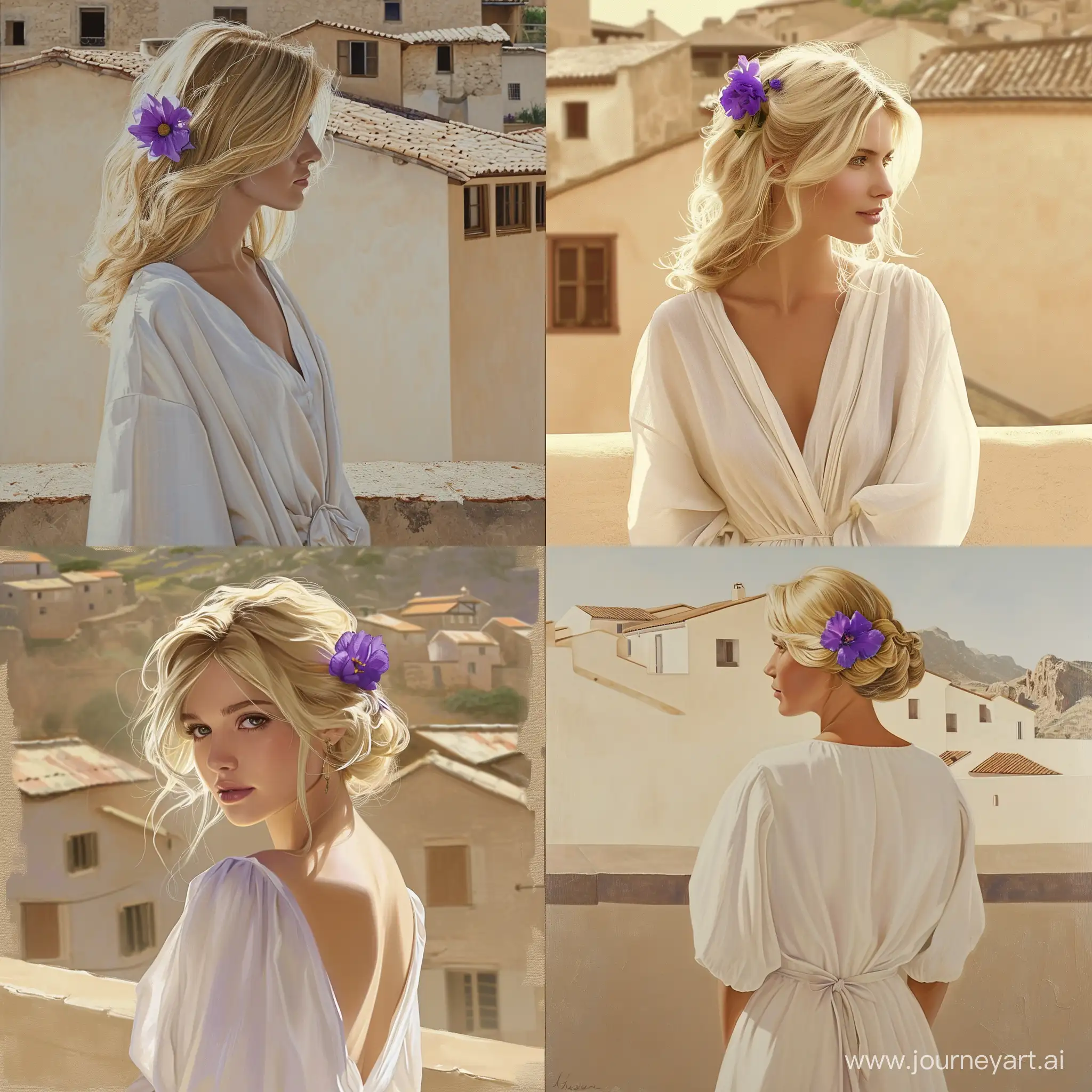 A blonde, sophisticated French woman, in a white silk dress, with a purple flower in her hair. Against the background of a beige terrace or cottage village, the background must be gently light