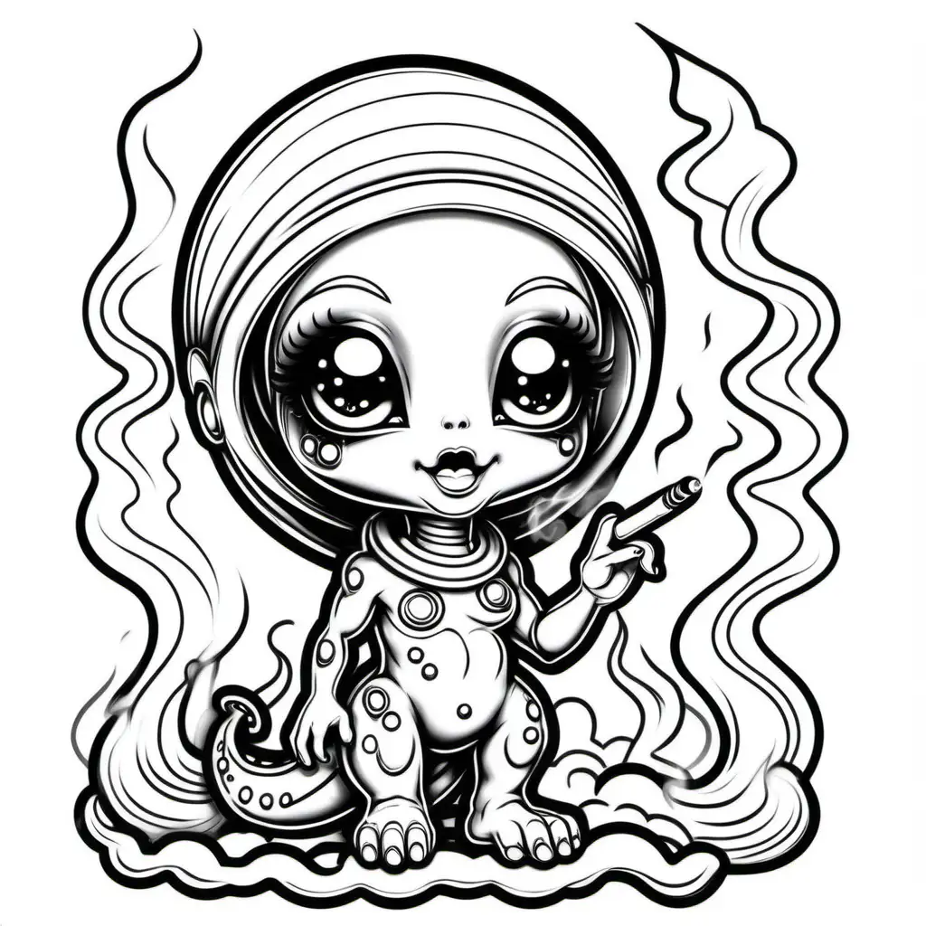 smoking chibi alien, lisa frank style, black and white line drawing, coloring book page