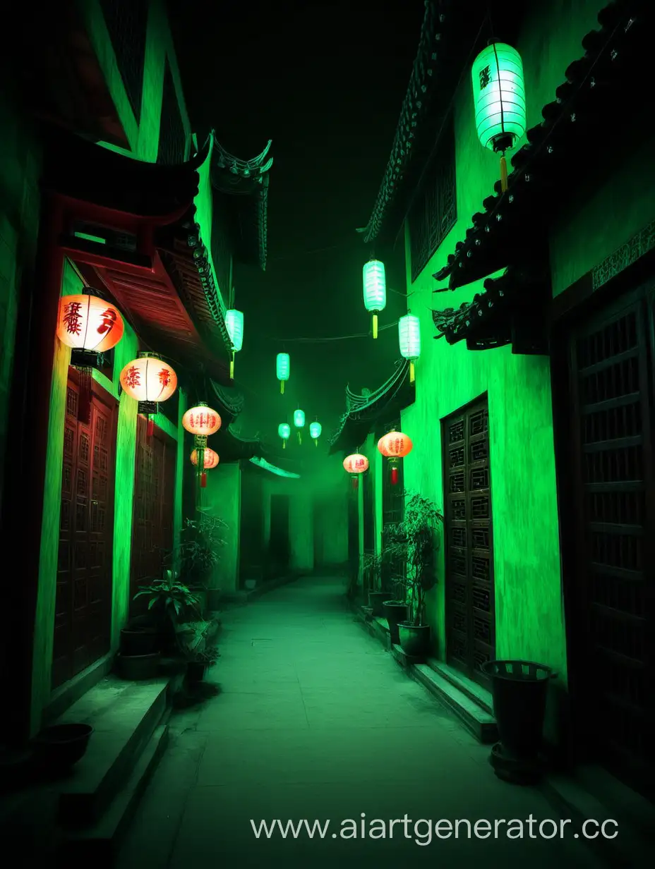 Старая китайская улица ночью горящаяя зеленым огнем