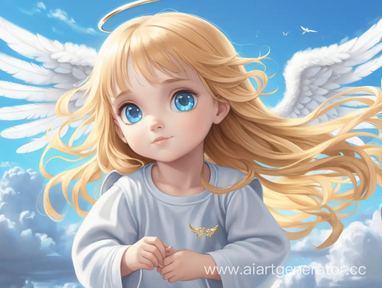 маленькая девочка , ангел , золотые волосы , голубые глаза , маленькие крылья , облака , небо