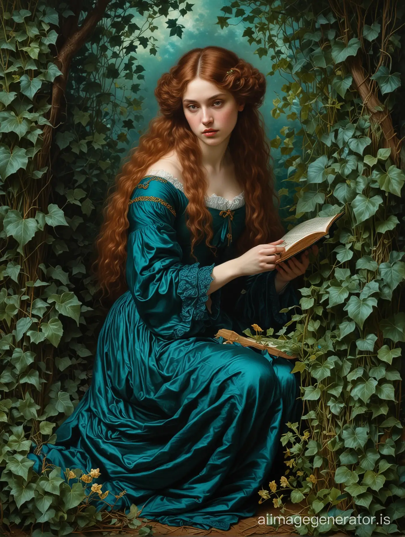 masterpiece, pre-raphaelity paintings, a young women sits in a thicket of ivy, full body, dress of dark turquoise  color, open book, unusual flower in hand, complex lighting, artist`s style Dante Gabriel Rossetti