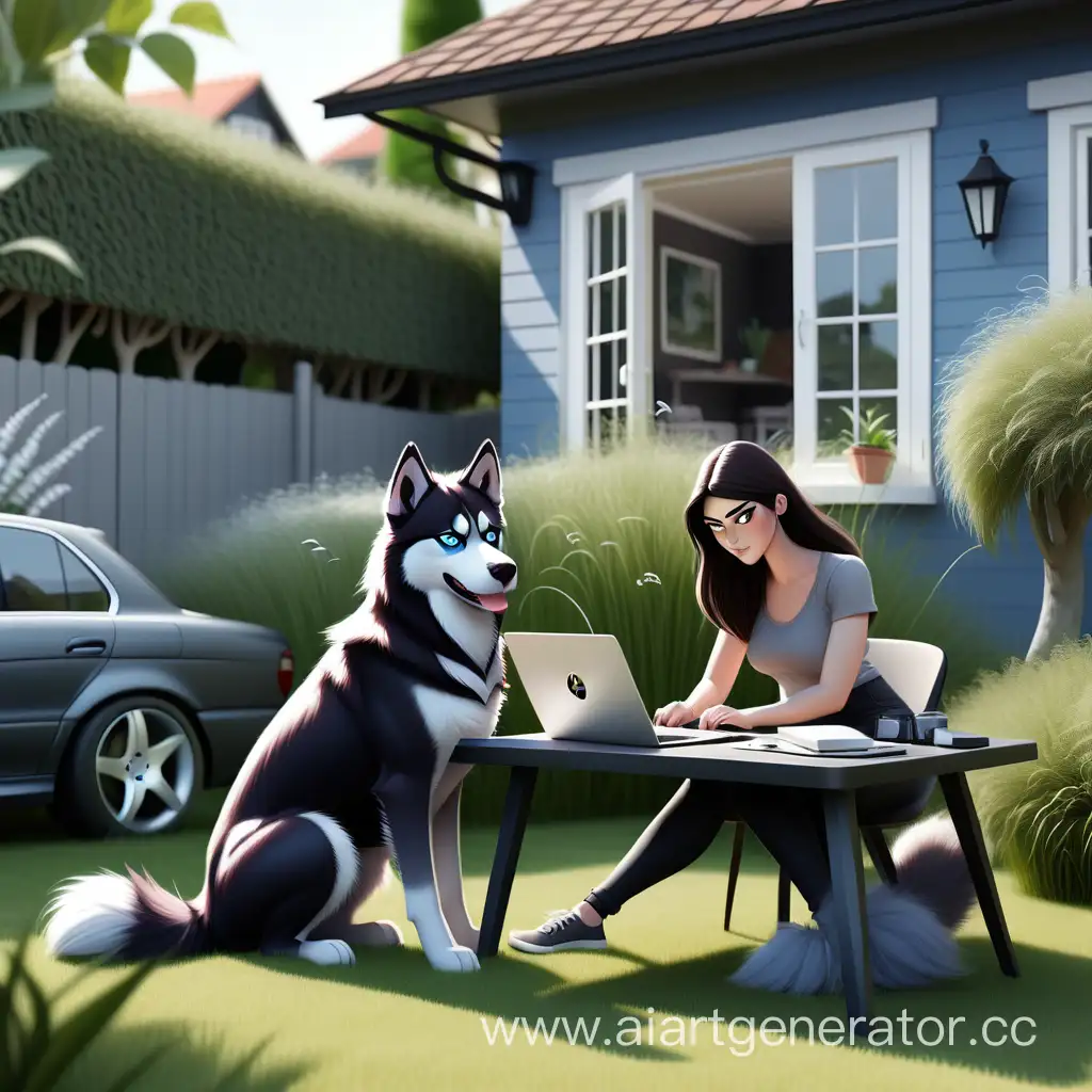 Seaside-Productivity-DarkHaired-Girl-Laptop-and-Pets