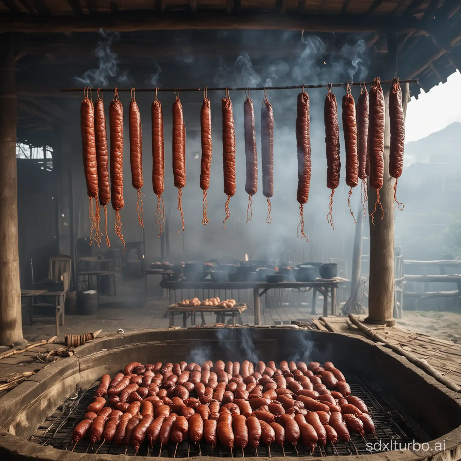 Traditional smoked sausage venue in rural China