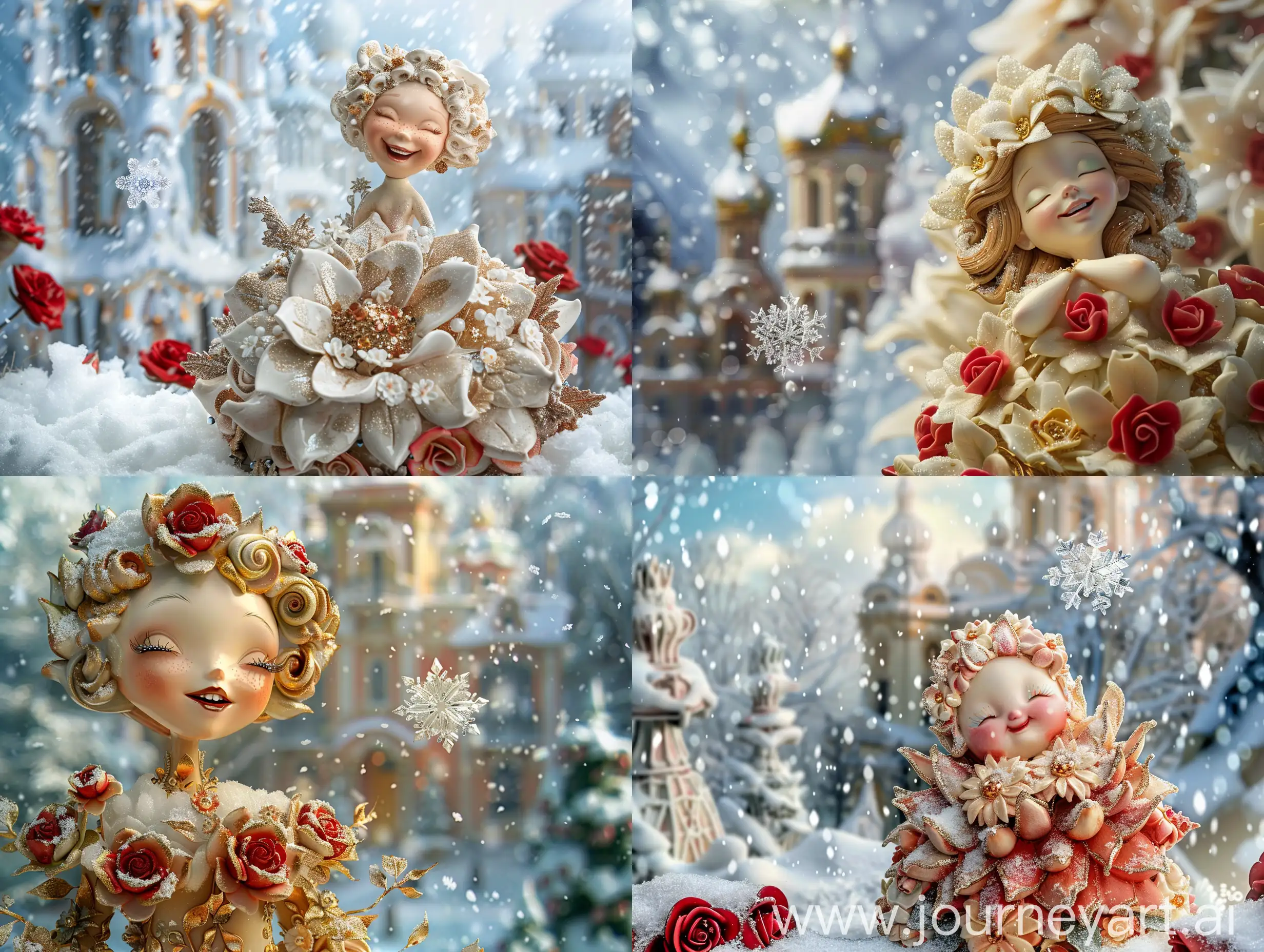 prompt: A ceramic art doll in the shape of a fairy tale, Wearing a gorgeous dress made of flowers, smiling, cute, In the story, a stunning cosmos flower, a delicate snowflake blooming amidst a snowy backdrop, crafted from exquisite crystal glass, Add elements of red roses, a Baroque architecture in the background, in the style of Alfons Mucha. gemstones, and gold in 4K, high-resolution. Express the beauty of the cosmos flower with sculptural delicacy, intricate detailing, and perfect symmetry in its petals, capturing its surreal, extremely beautiful, and intricately detailed essence. Emphasize its sharp clarity, sparkling brilliance, vibrant richness, precision, and captivating elegance, evoking a serene yet opulent ambiance amidst falling snow.

