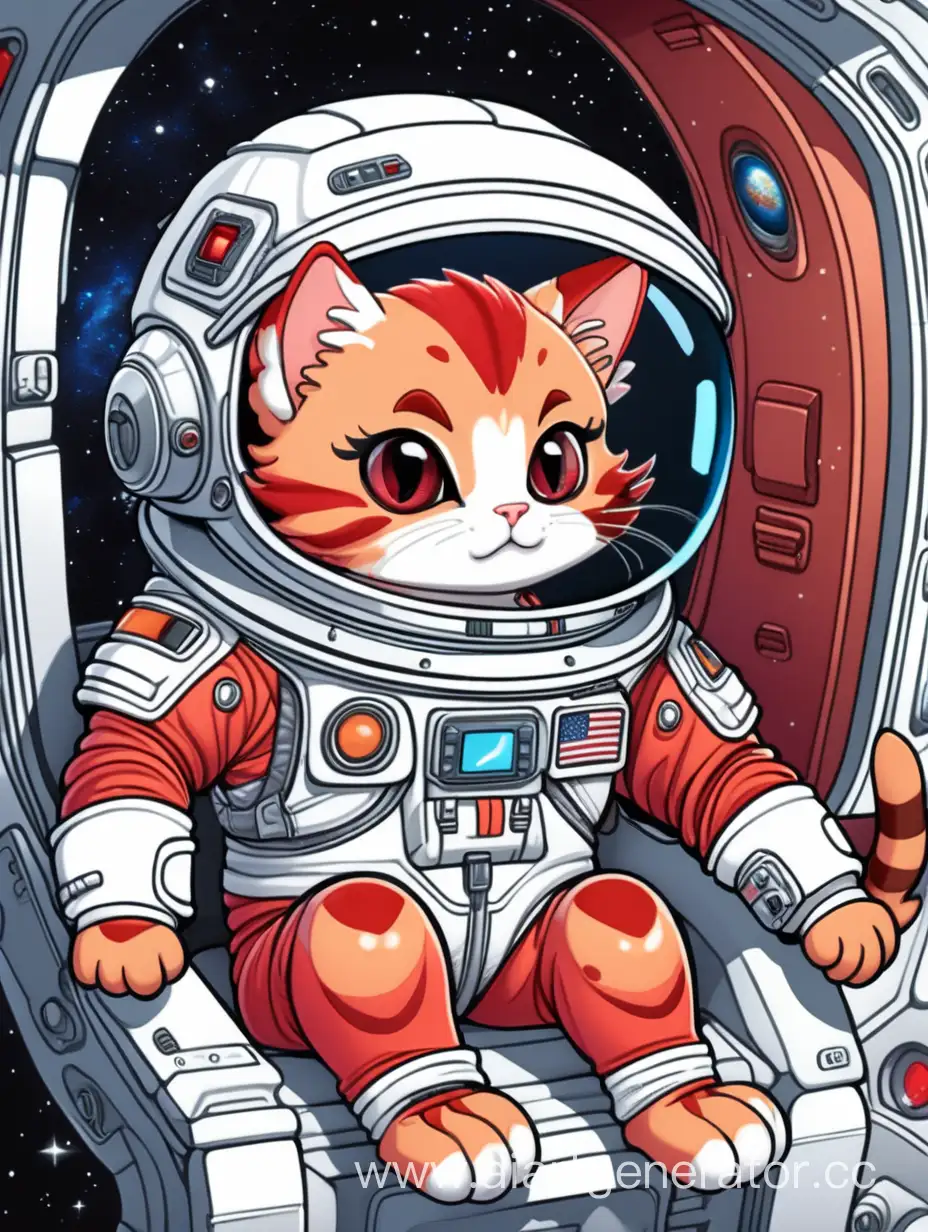 red cute alien kitten in a spacesuit sitting in a spaceship, cartoon style comic