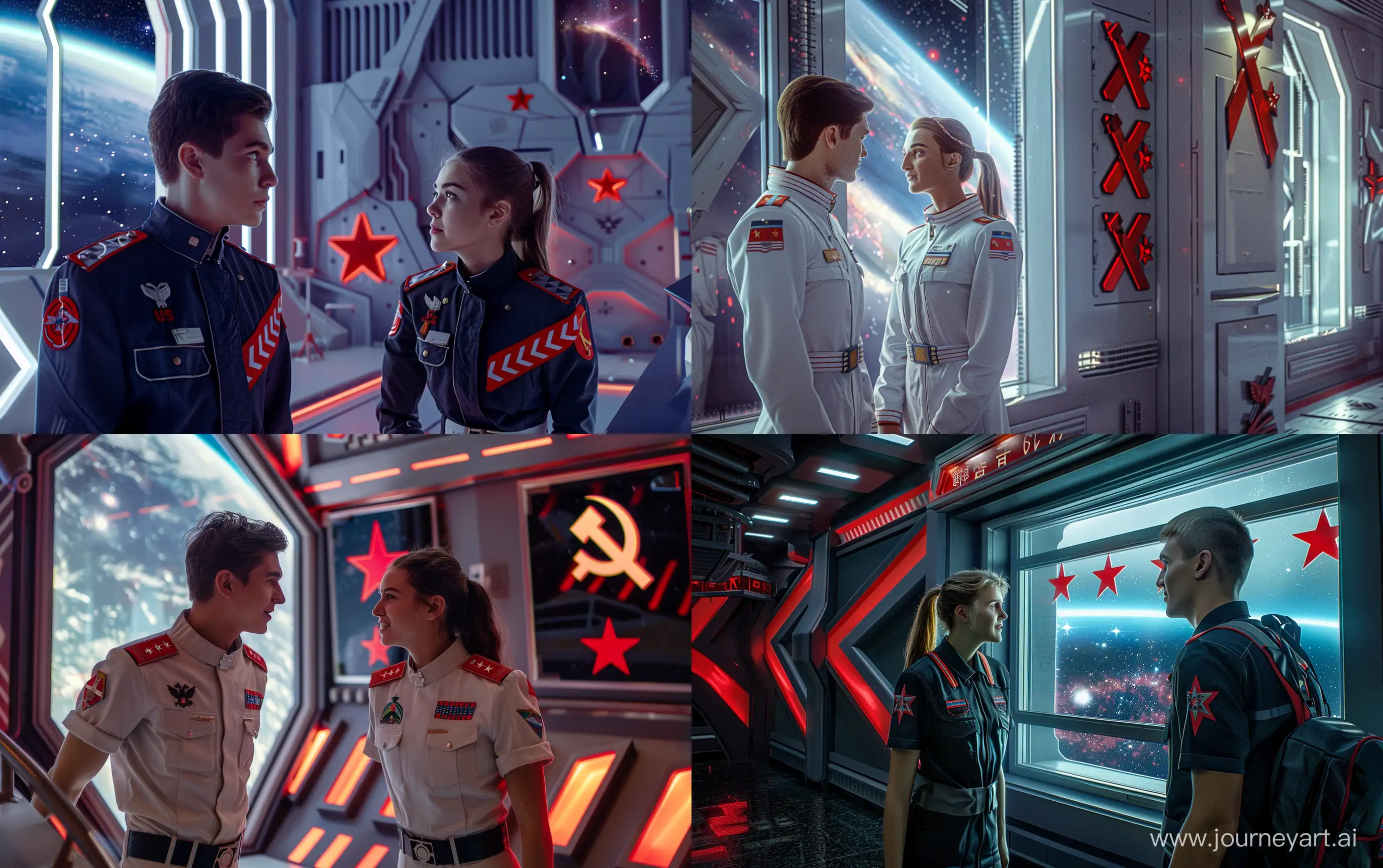 A young man and woman in a space expedition uniform communicate with each other in the large hall of a modern space station, deep space and galaxies are visible in the window, the future, red stars on chevrons, symbols of the USSR in the distance on the wall, super realistic, kodak 35mm, cinematic --ar 16:10