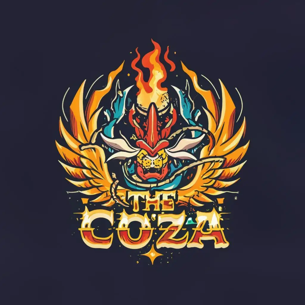 a logo design,with the text "The Coza", main symbol:Champion, Crumrine, Fire, Galaxy, Star, Lightning Bolt, Dragon Ball,complex,be used in Religious industry,clear background