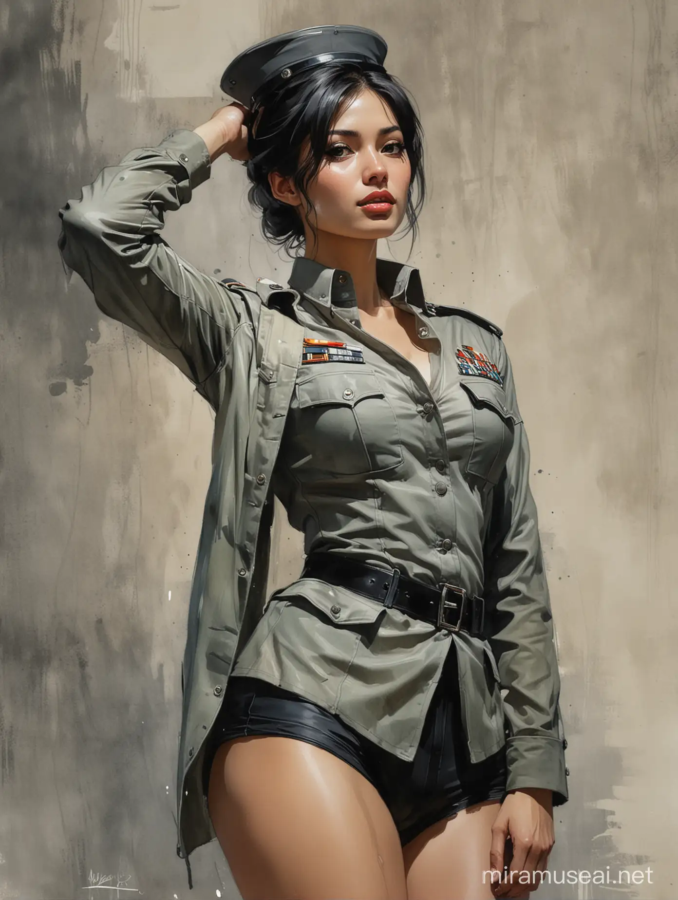Alex Maleev illustration depicting alluring statuesque thick well-built Jane de Leon wearing unbuttoned soldier uniform, arms over her head, evilly smirking, short bun black hair, seductive pose, dim lighting, watercolor, no distortion, gray palette, insanely high detail, very high quality, seen from below, low angle view