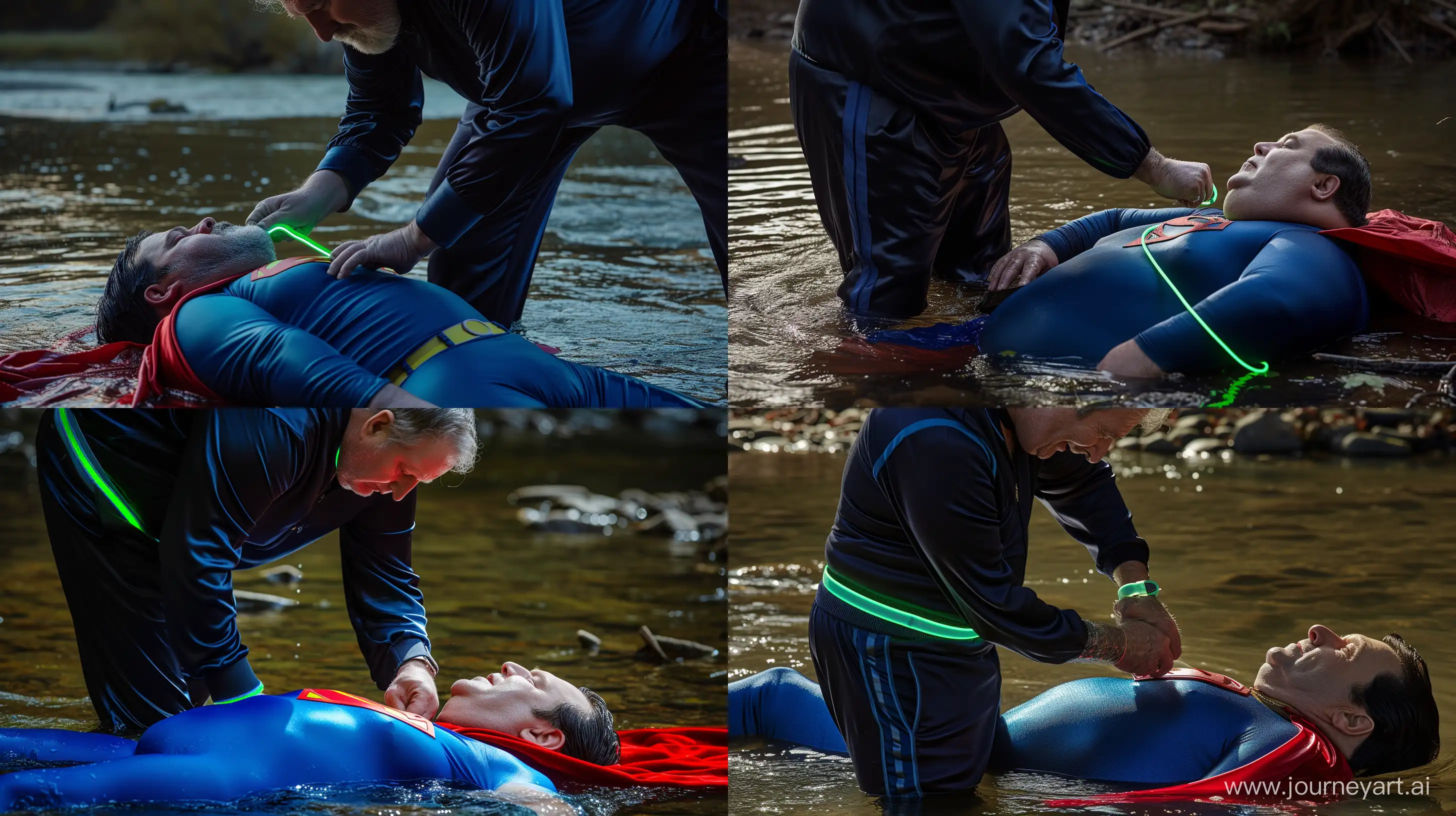 Close-up photo of a 100 kg man aged 60 wearing a navy silk black tracksuit with a blue stripe on the pants. He is tightening a tight green glowing neon dog collar on the neck of a fat man aged 60 wearing a tight blue 1978 smooth superman costume with a red cape lying in the water. Natural Light. River. --style raw --ar 16:9