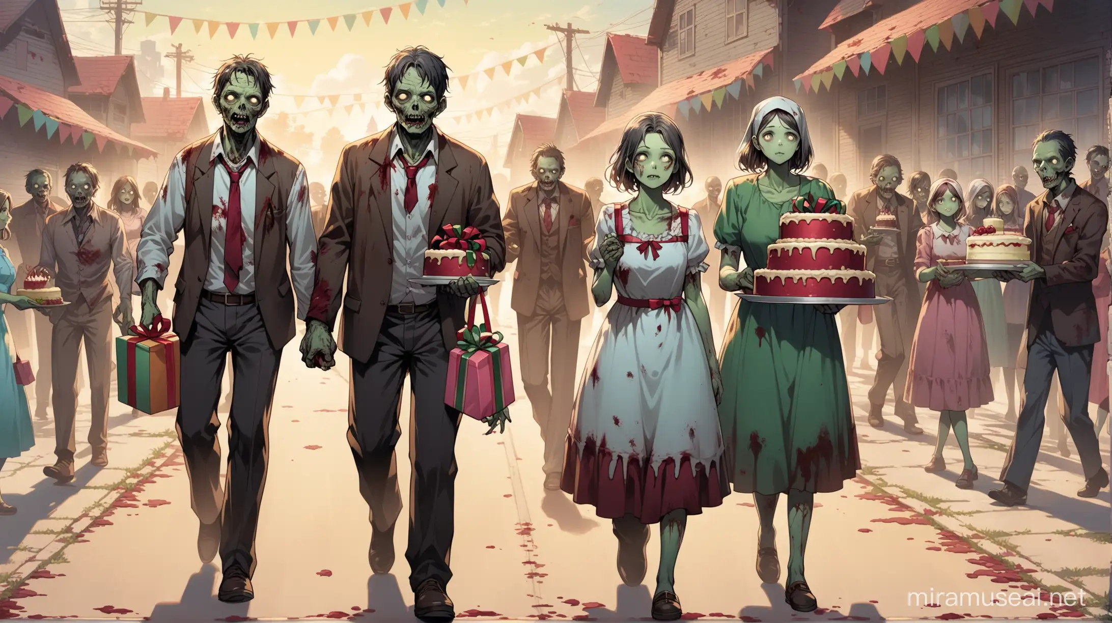 male and female old and young zombies walking on a line to a party with gifts in their hands only one carries a cake the rest carries gifts