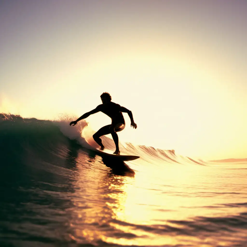 60's style surfer riding wave against sunset sky