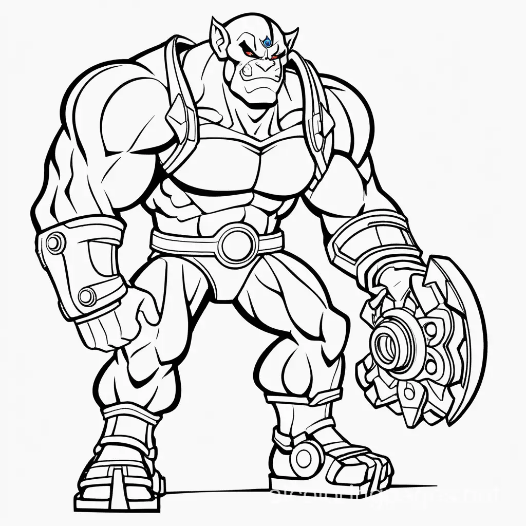 Coloring page for kids, 11 by 8.5 inches,  Depict Panthro, the ThunderCats' mechanic and warrior, working on his latest invention, Showcase his muscular build and highlight the intricate details of the mechanical device he's constructing, cartoon style, thick lines, low details, no shading --ar 9:11, Coloring Page, black and white, line art, white background, Simplicity, Ample White Space. The background of the coloring page is plain white to make it easy for young children to color within the lines. The outlines of all the subjects are easy to distinguish, making it simple for kids to color without too much difficulty