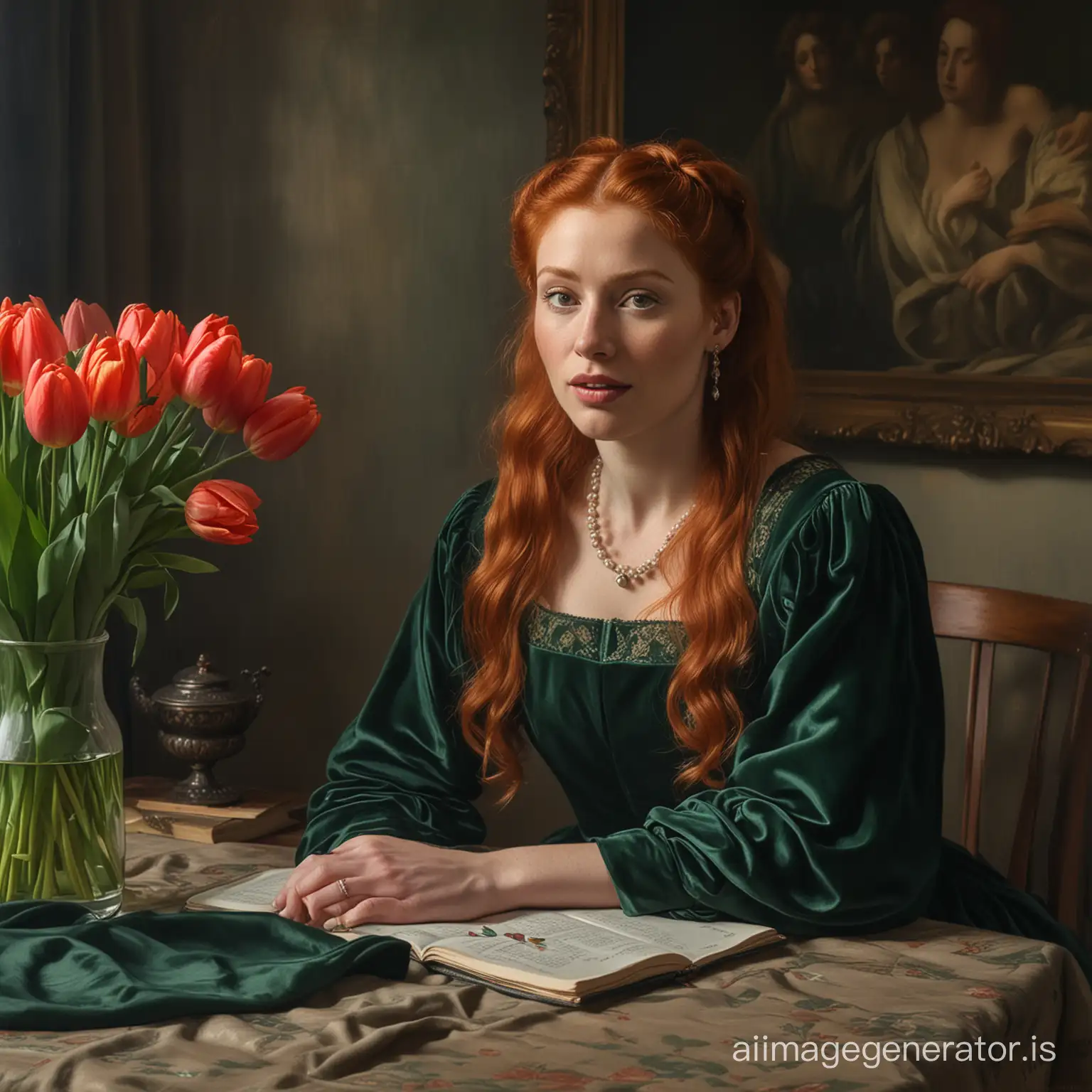 Masterpiece, a large red-haired woman of about 40 with large features, thick lips, hair tied at the back of her head, in a dark green velvet dress sits at a small table, a bouquet of tulips lies on the table in front of her, complex dramatic lighting, oil on canvas, brush strokes