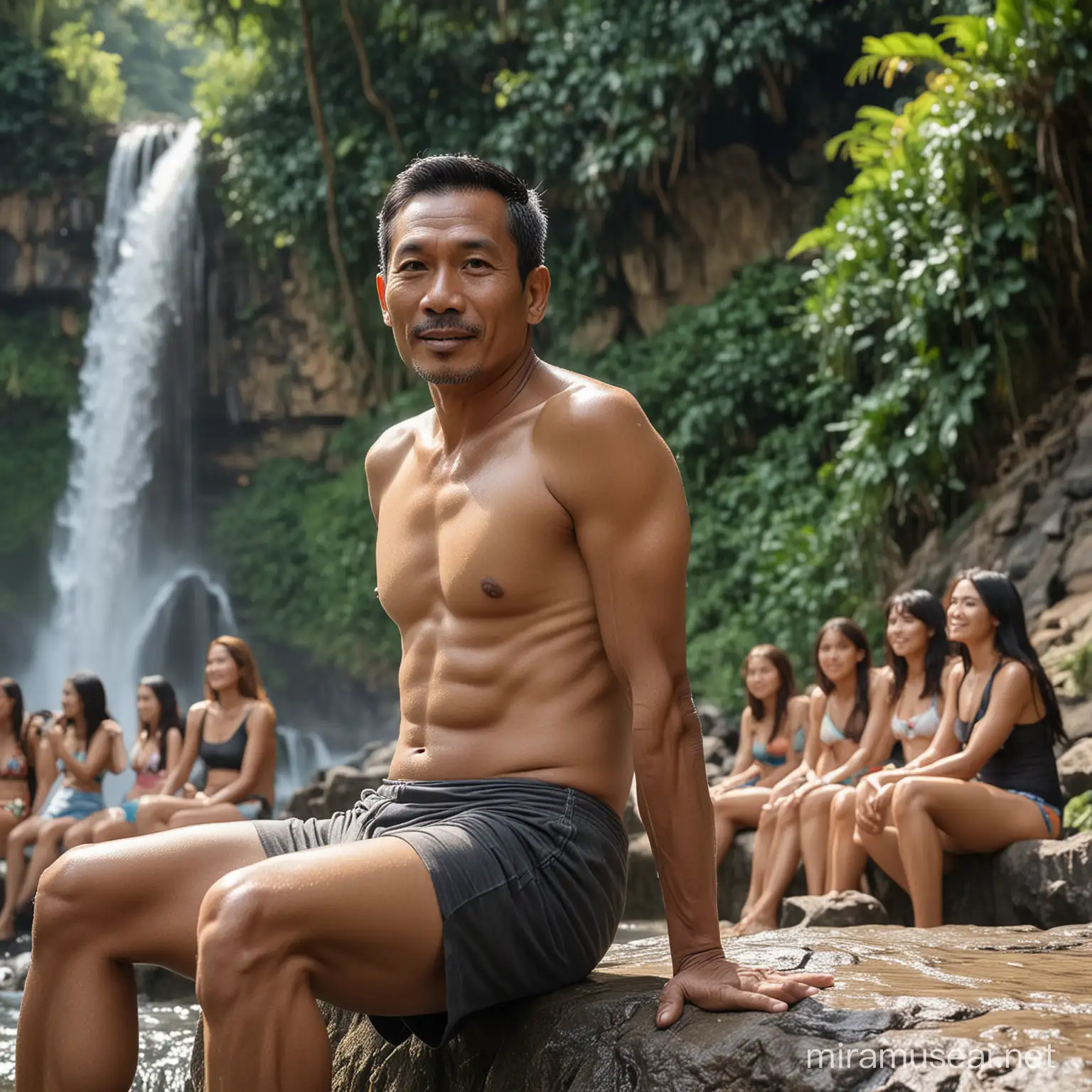 Gambar seorang pria tampan Indonesia berusia 50 tahun mengenakan kaos super tipis  sedang duduk di tepi sungai air terjun pada siang hari.  Di latar belakangnya terdapat beberapa gadis gadis cantik memakai bikini yang indah.  Gambarnya asli dan dalam ultra HD.