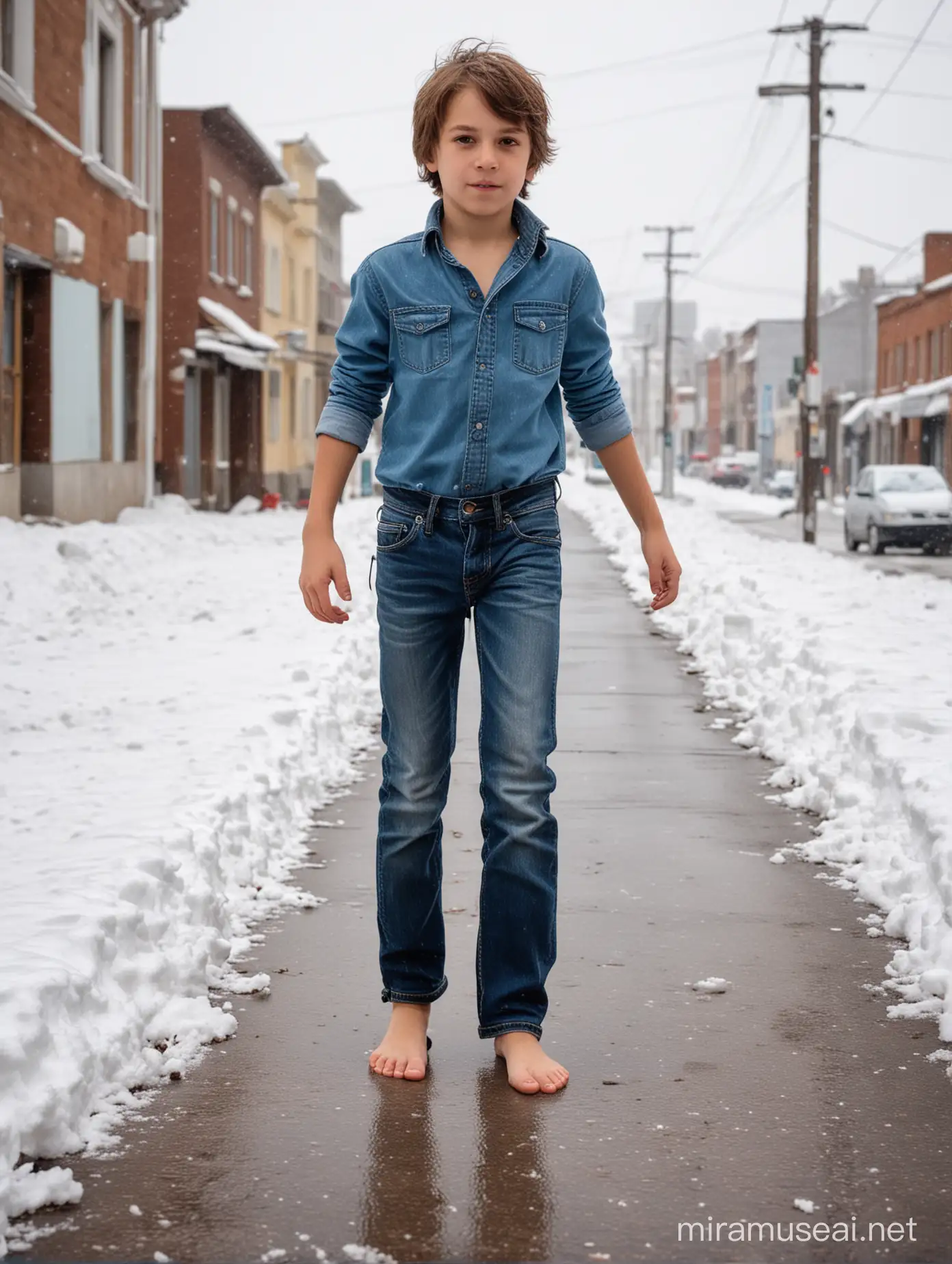 Босиком молодой Мальчик 10 лет русые волосы босые ноги джинсы босиком по снегу город