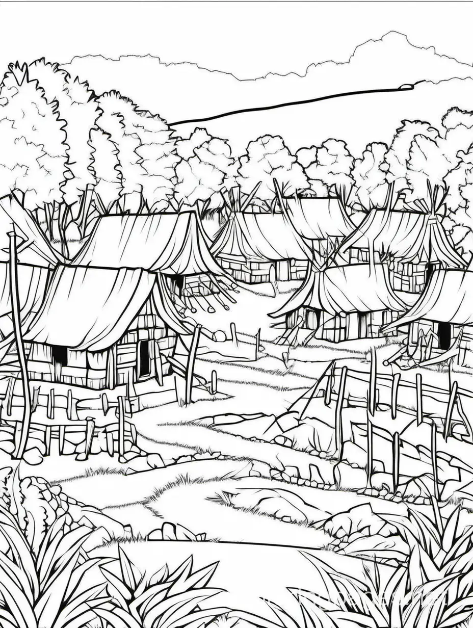 monacan indian village durring spring
, Coloring Page, black and white, line art, white background, Simplicity, Ample White Space. The background of the coloring page is plain white to make it easy for young children to color within the lines. The outlines of all the subjects are easy to distinguish, making it simple for kids to color without too much difficulty