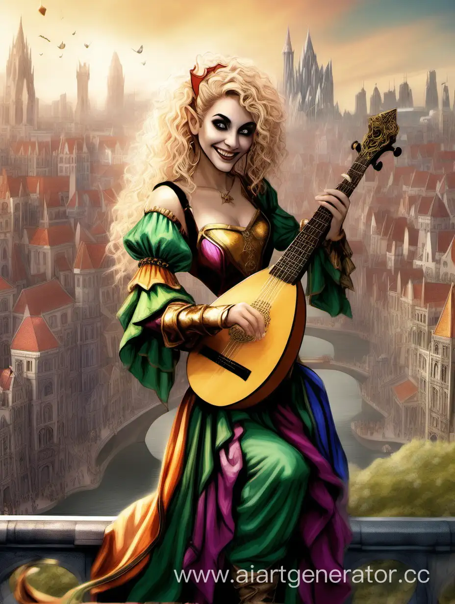 elf woman, black eyes, smiling widely, blond curly hair, bright clothes of a jester, holding a lute, behind a fantasy city