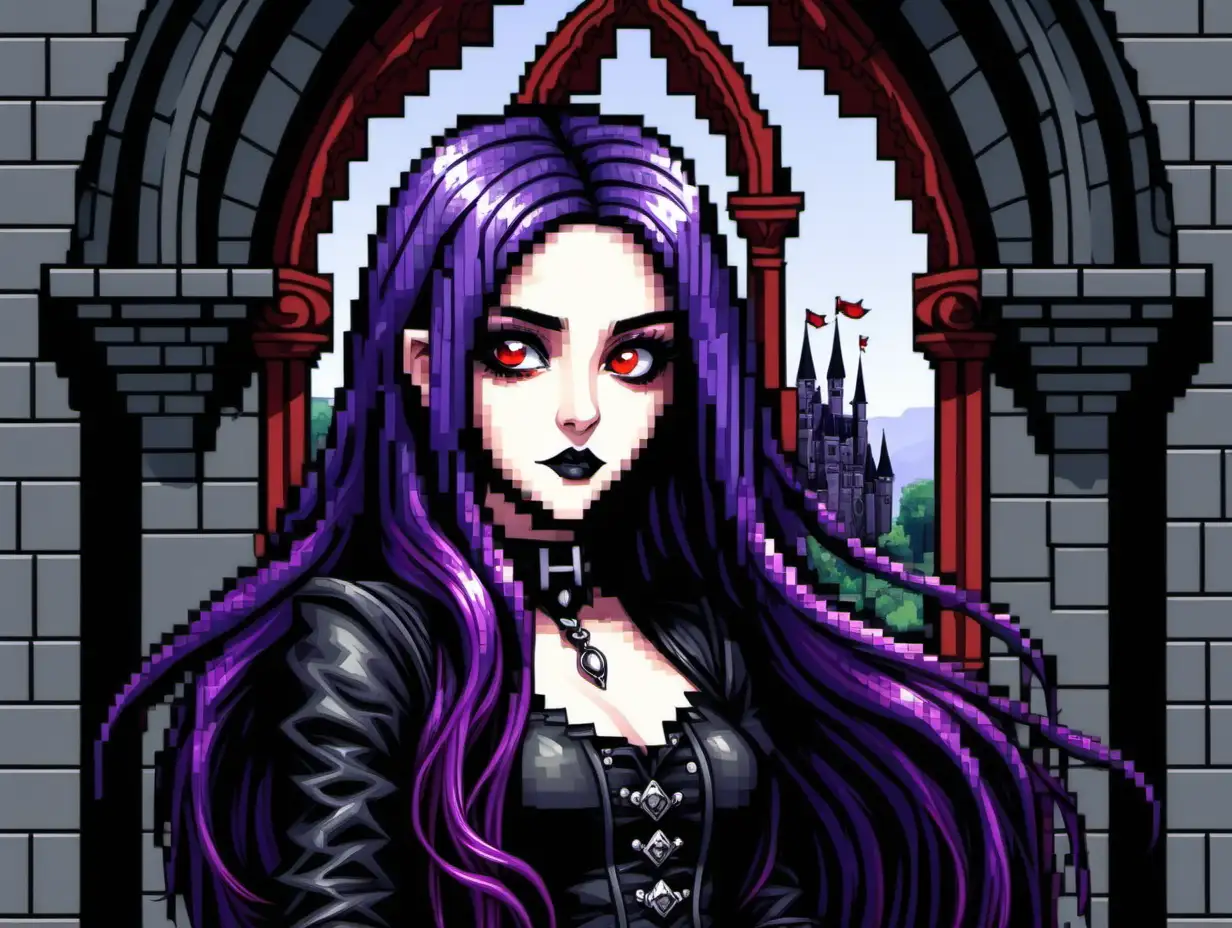 Gothic Cartoon Style Mysterious Female with Long Purple Hair and Red Eyes by Castle Window
