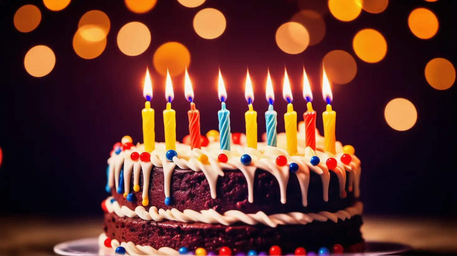 Birthday cake with candles, bright lights bokeh,Celebration