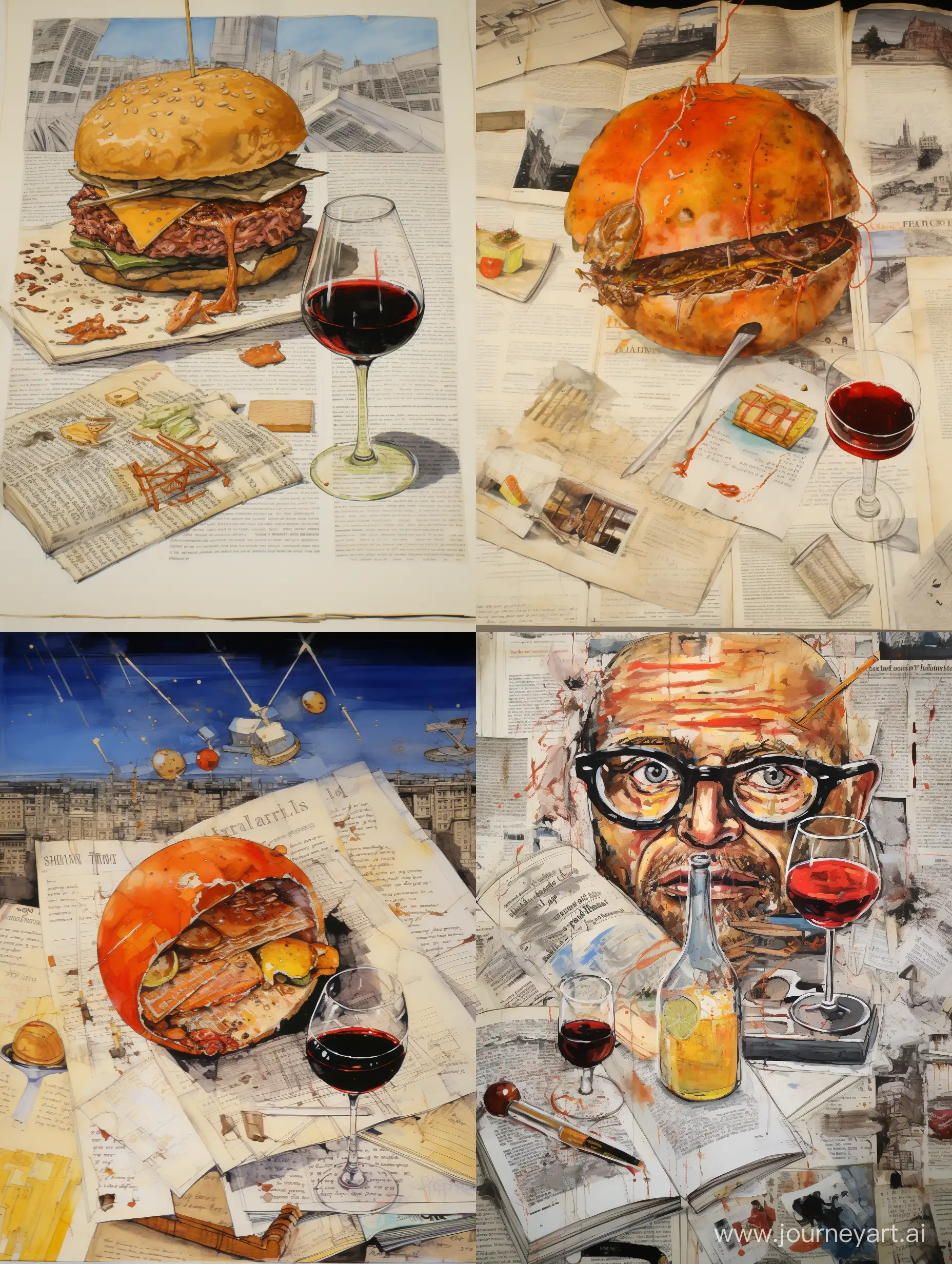 Savory-Burger-and-Fries-Spread-with-Bourbon-in-Ralph-Steadman-Style
