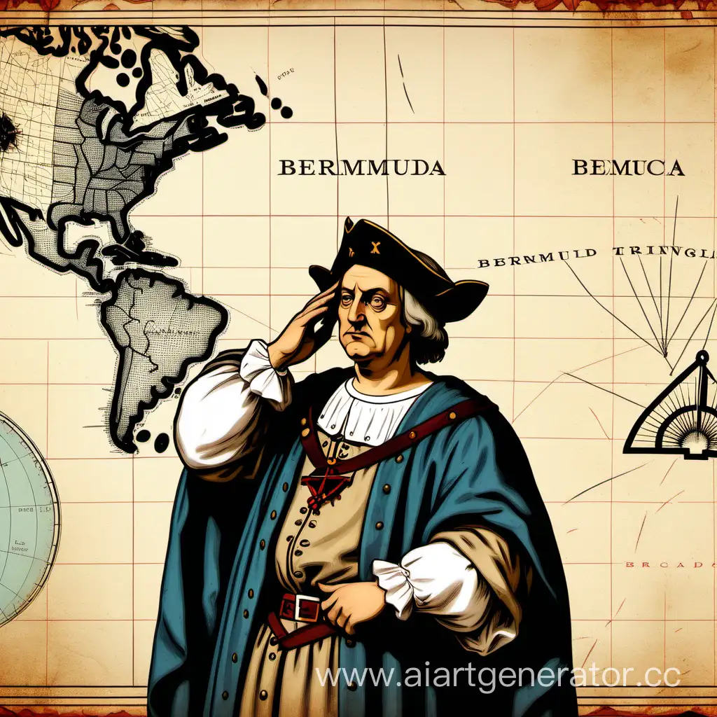 Христофор колумб чешет голову на фоне карты с обведенным бермудским треугольником
