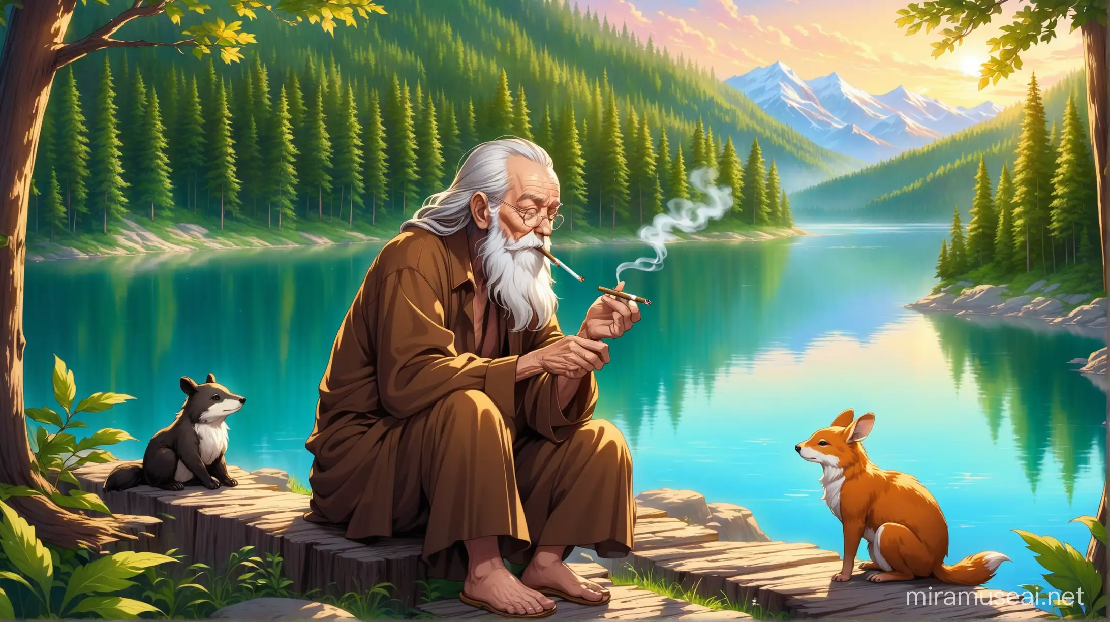 Wise old man in the woods enchanting smoking a blunt besides a lake smoking a blunt besides animals