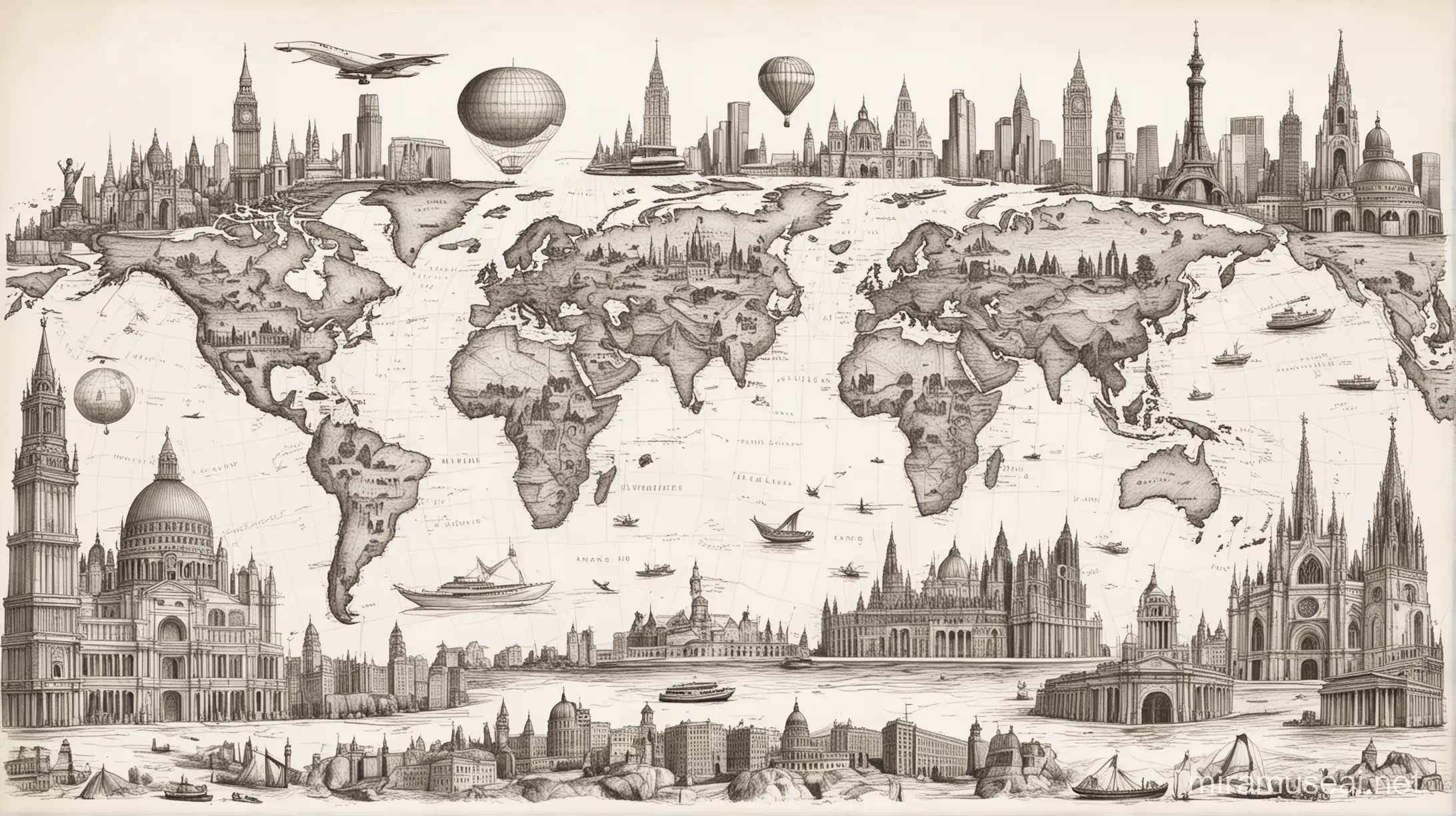 grafika na pierwszym planie znane zabytki i budowle świata. w tle szybki niedbały szkic przedstawiający mapę świata. białe tło
