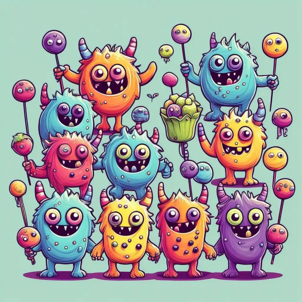 Adorable Cartoon Monsters with Fruits and Sweets Playful and Whimsical Characters