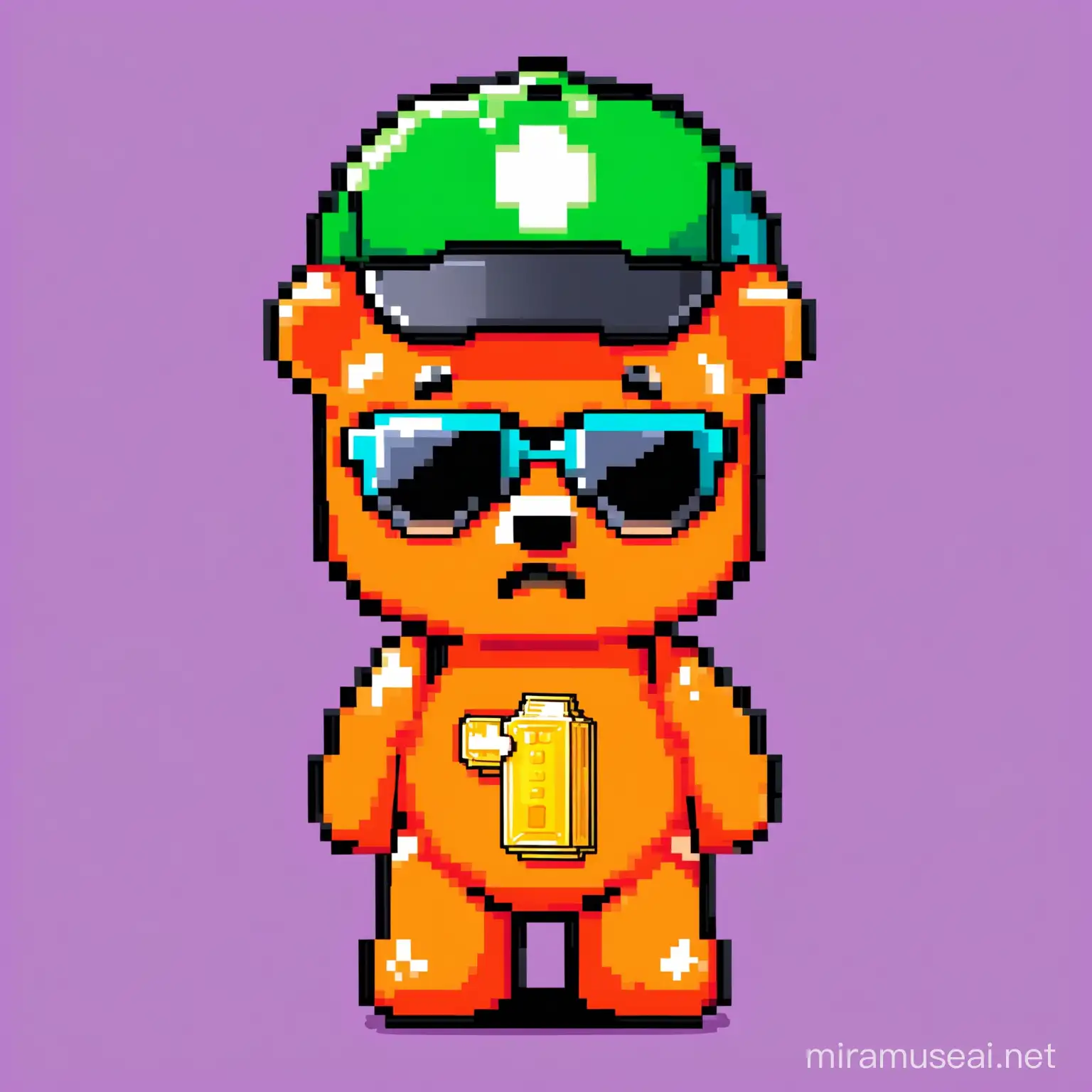 Funny and raandom colored 8 Bit solo gummy bear Mascot for Crypto Meme Token. Random accessories like cap or sunglasses or cigarettes