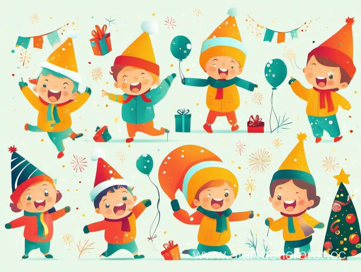 Cheerful-Children-Celebrating-New-Year-with-Vibrant-Flat-Illustrations