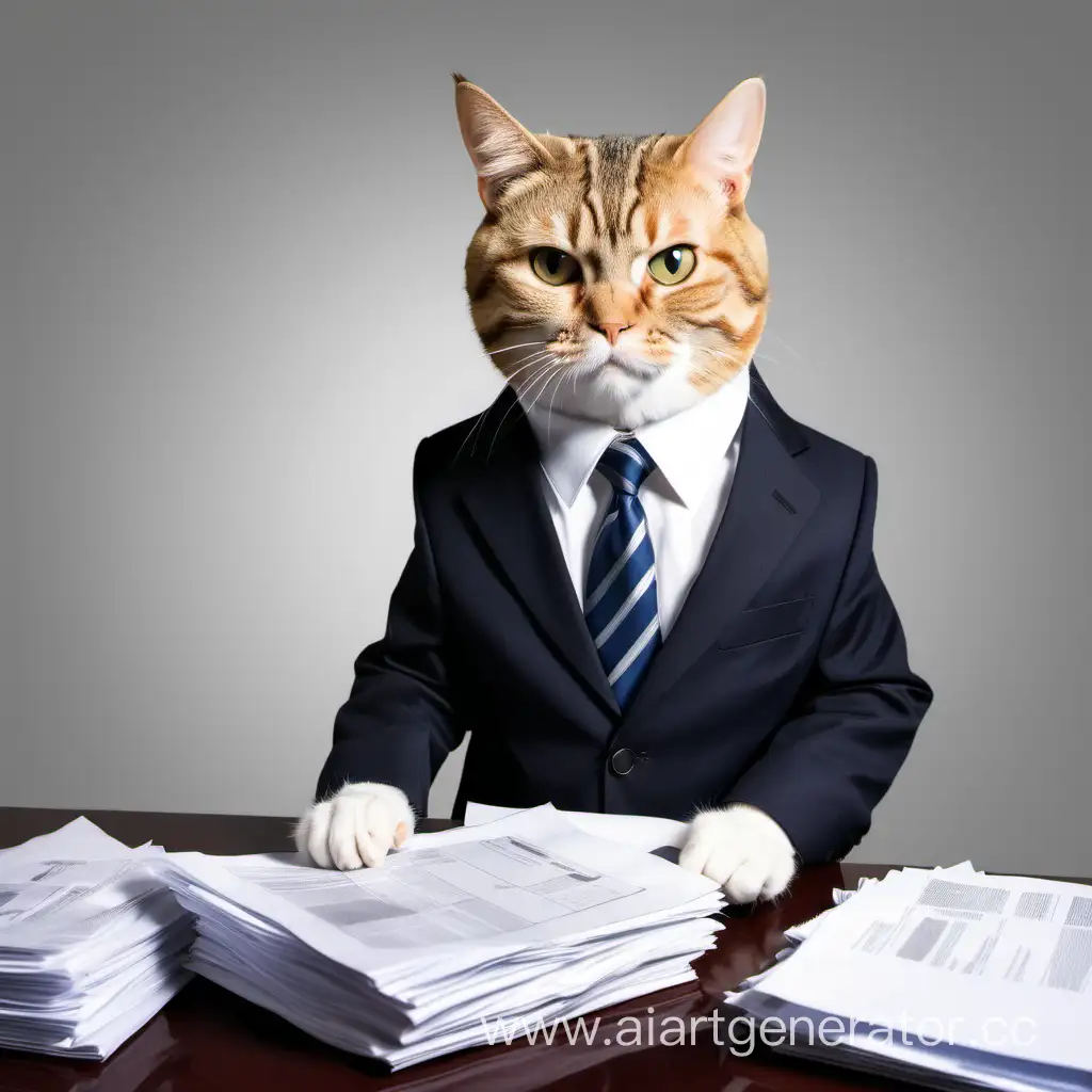 деловой кот в костюме , который перебирает документы
