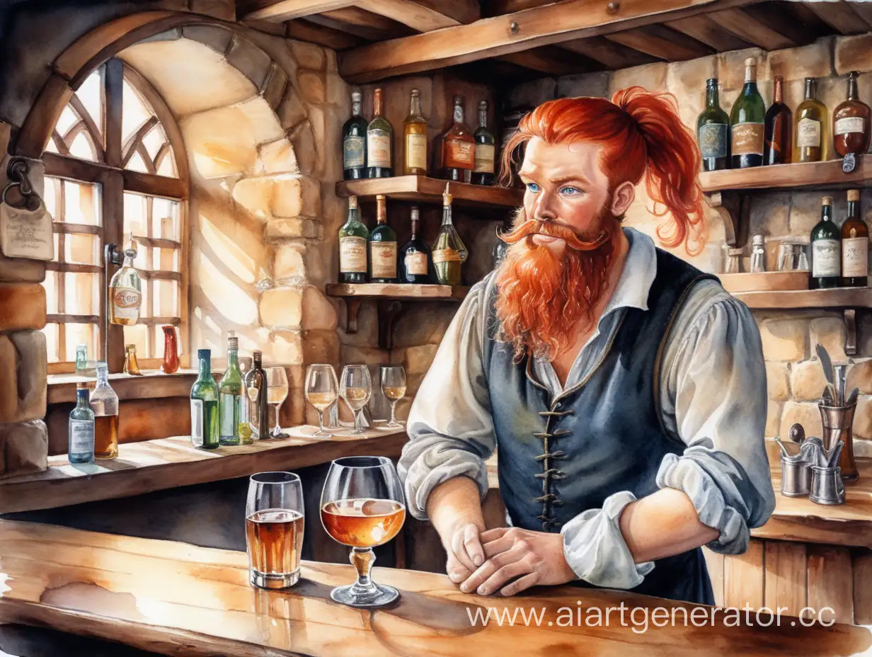 бармен с рыжими волосами и бородой стоит за барной стойкой в средневековой деревенской таверны, в руках пустой стакан, который он протирает тряпкой, watercolor painting