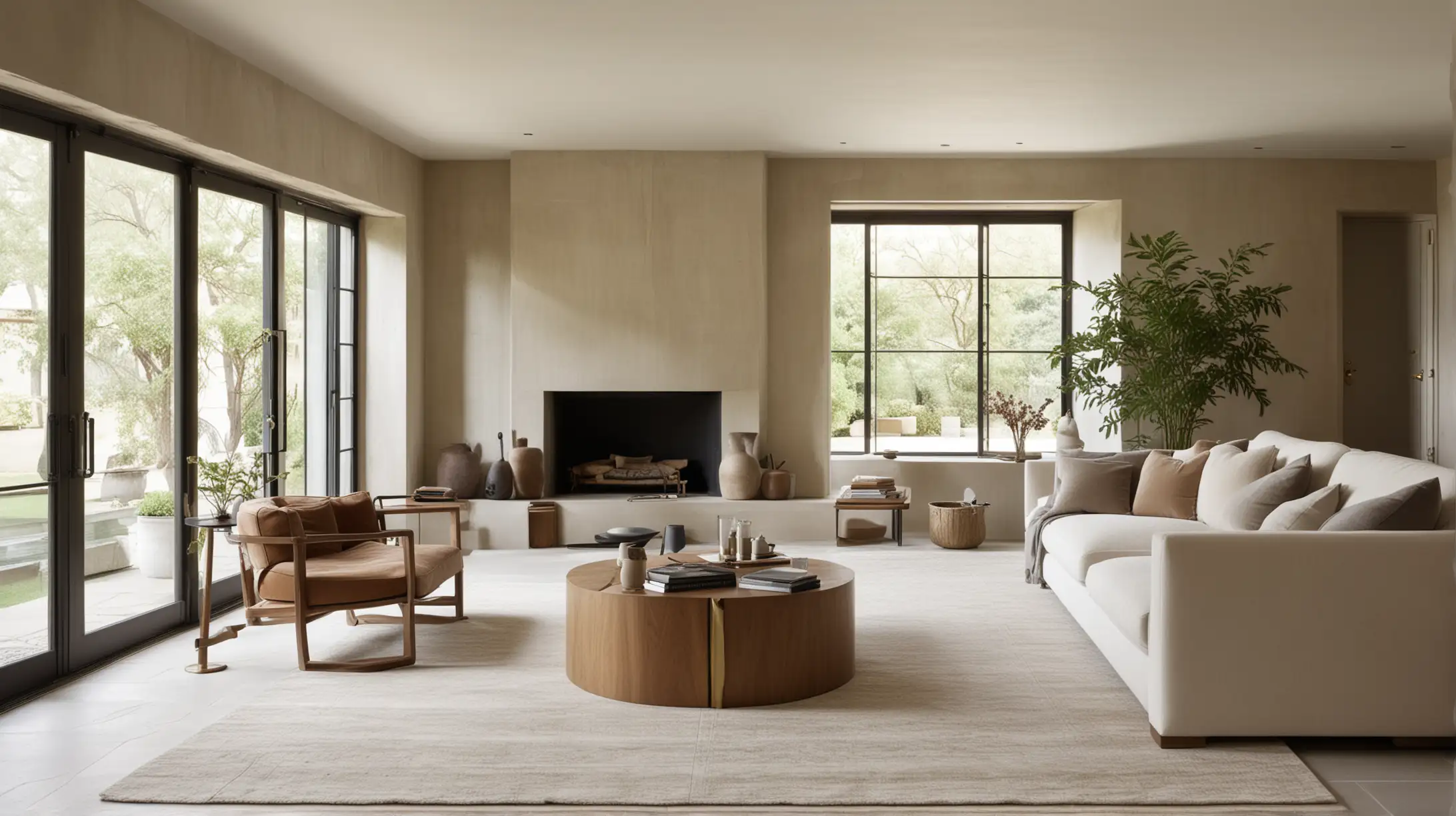 a large lounge room inspired by a modern organic moody European farmhouse; limestone floor, walnut wood, limewash painted walls, brass; wool area rug

