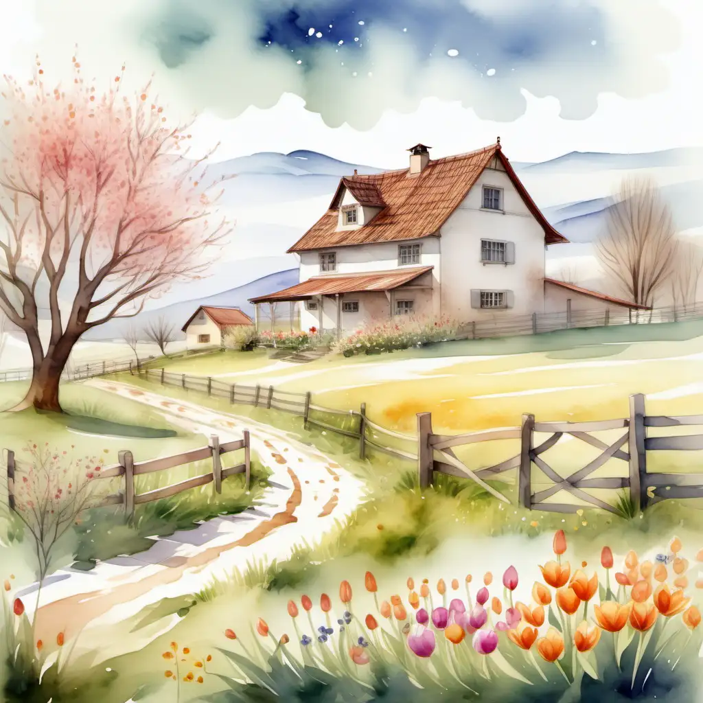 March Farmhouse Scene with Blooming Meadows in Watercolor