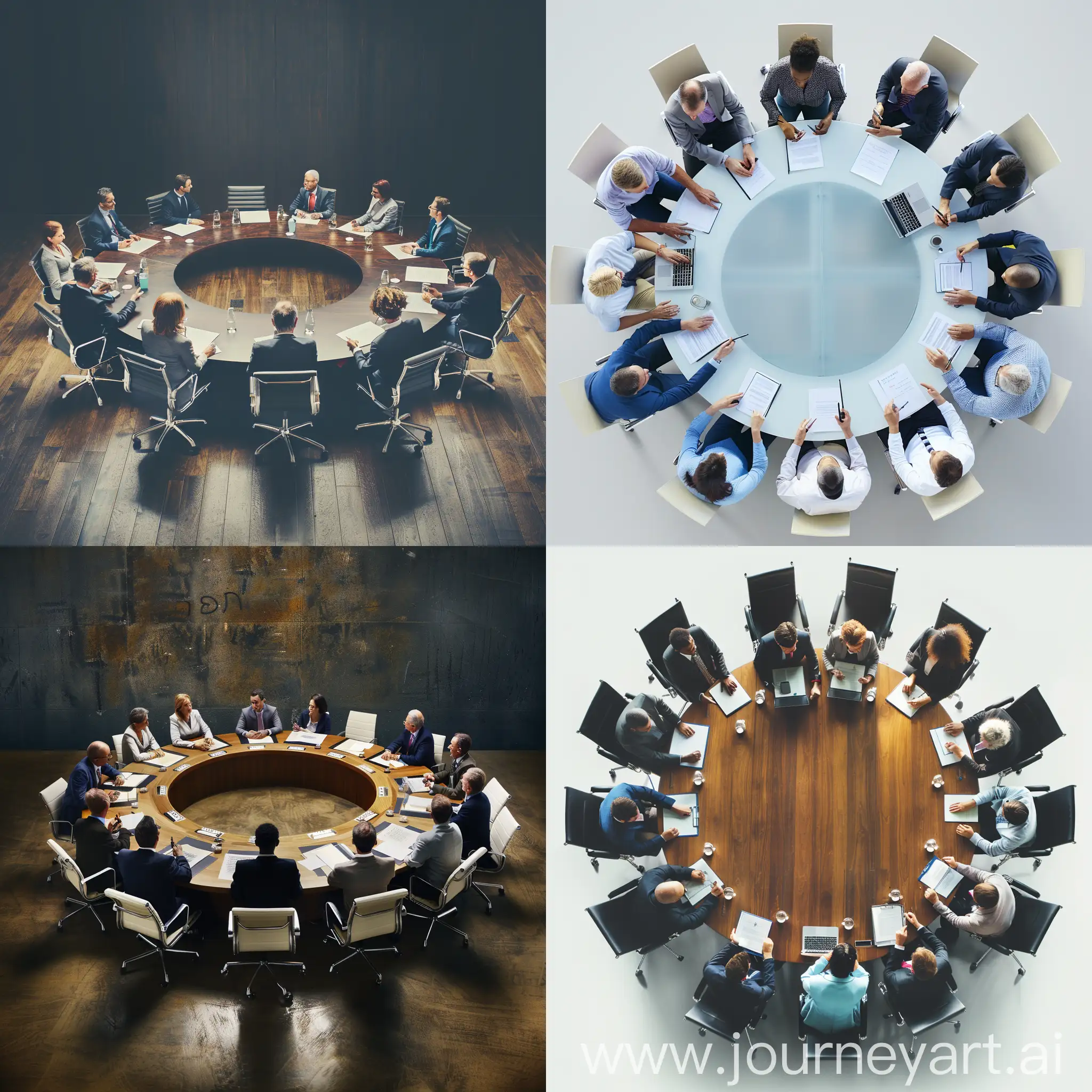 10 professionals sitting around a circular table having a discussion 
