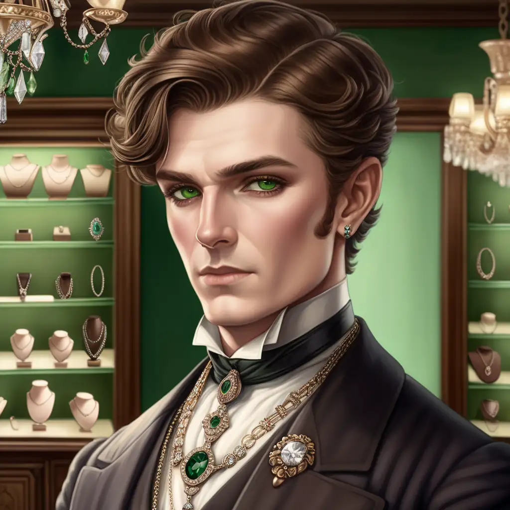 Effeminate Victorian man, could be mistaken for a woman. Absolutely beautiful. Short brown hair. Green eyes. Holding jewelry, standing in a neutral colored jewelry store background.