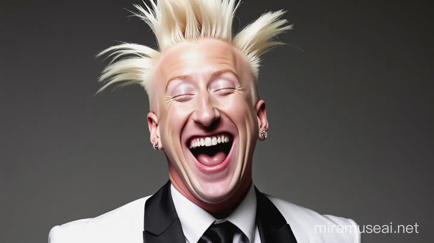 bello nock laughing. he is wearing a suit and has no makeup on