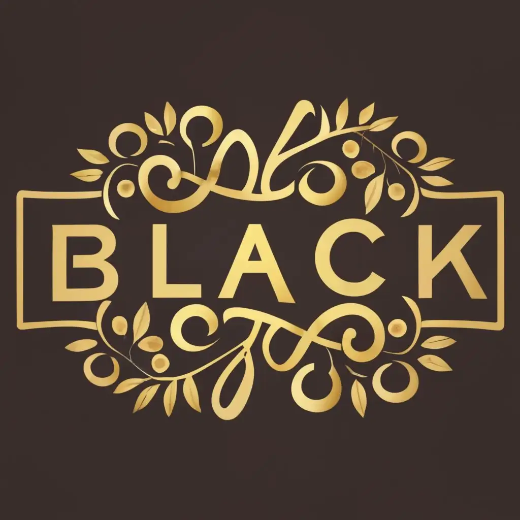 logo, Word “BLACK” with gold lettering across a black surface with Roman style leaves on sides, with the text "BLACK", typography, be used in Travel industry
