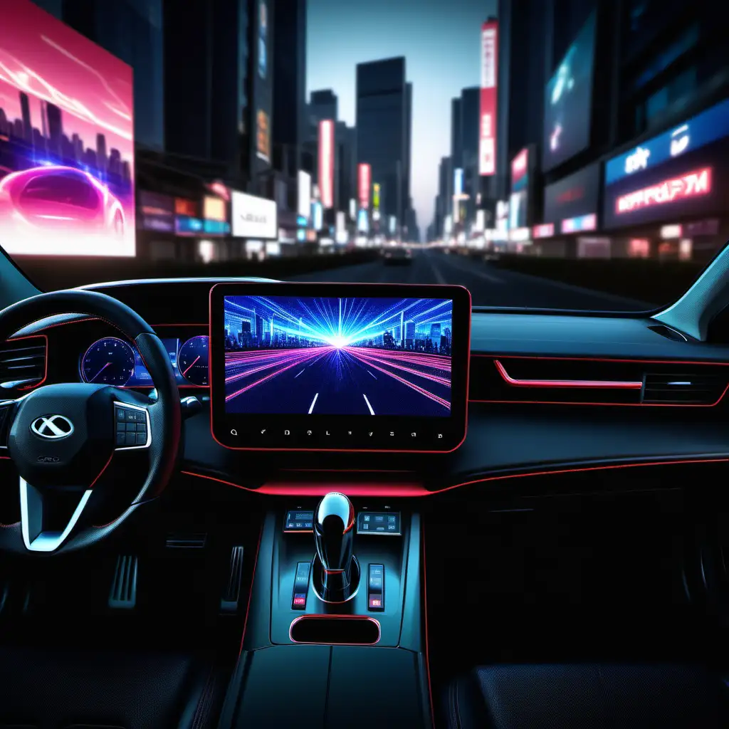 Futuristic DAIKO Car Stereo QLED Display in Tokyo Twilight