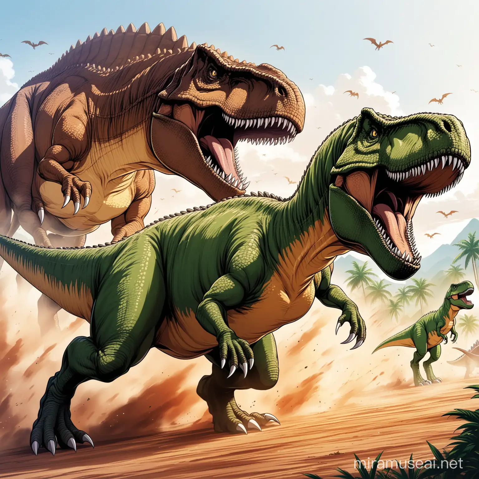 Anime Style Tyrannosaurus Rex Fierce Battle Scene