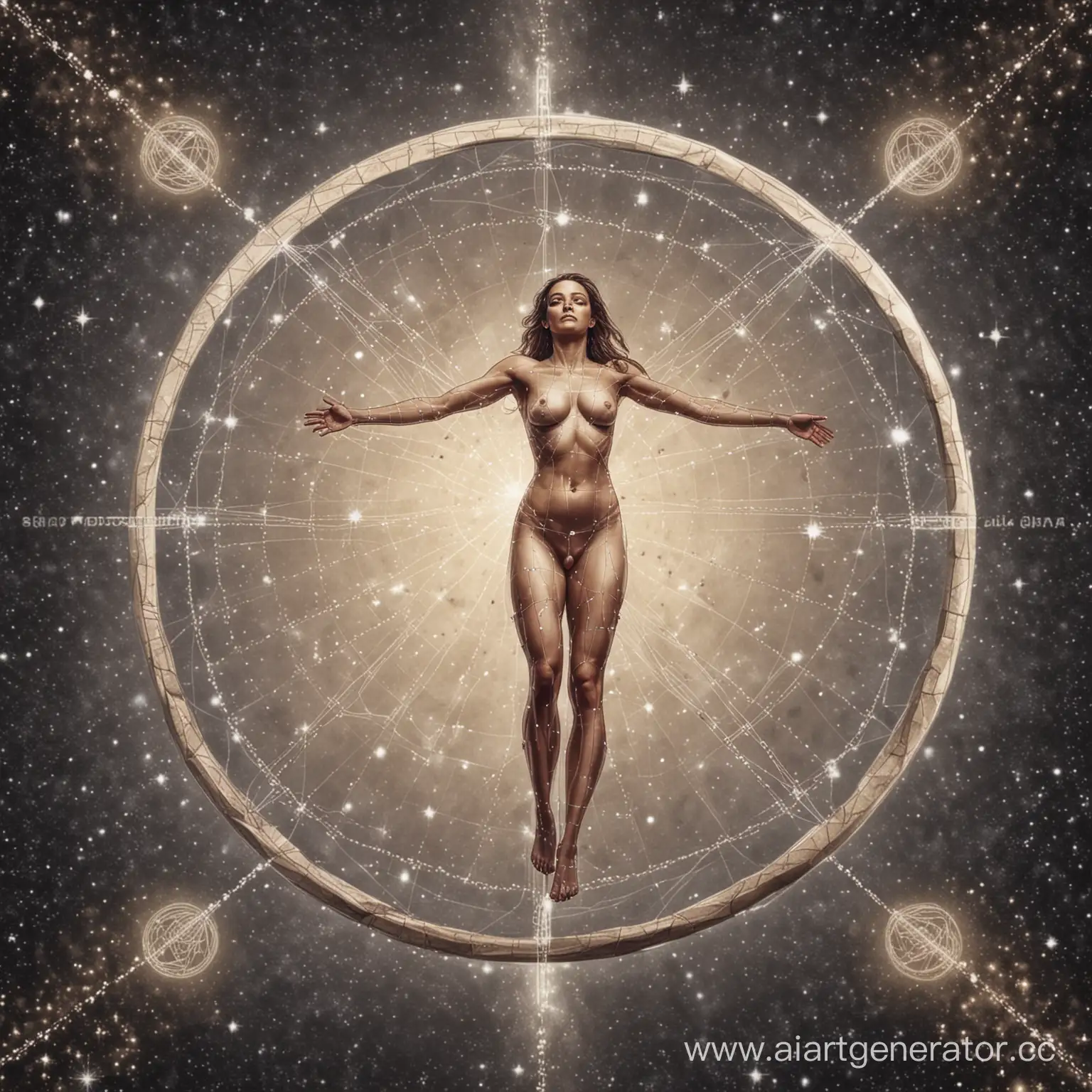 Vitruvian-Woman-Amidst-DNA-Strands-in-Celestial-Surroundings