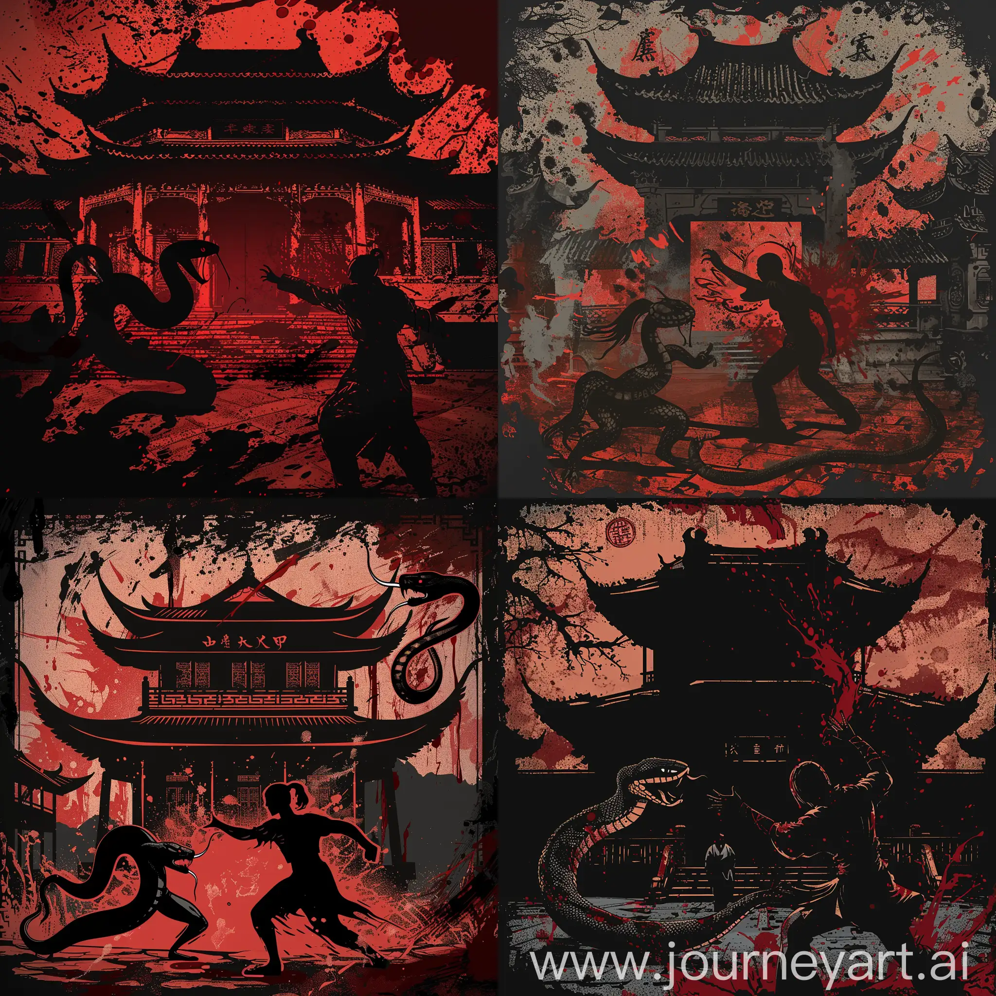 Taoist-Silhouette-and-Snake-Demon-Combat-at-Traditional-Temple