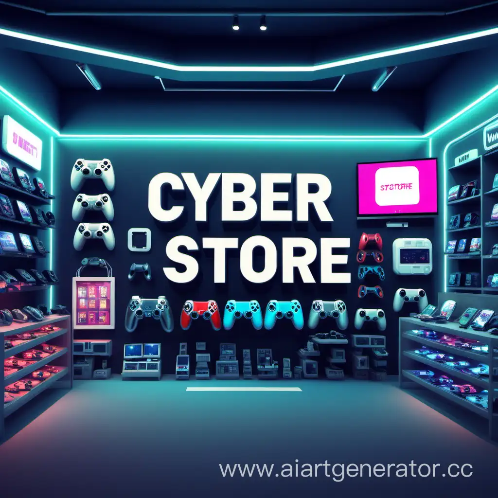 Изображение для обложки магазина с тематикой геймпадов, iphone, смарт часов, игровых приставок с надписью по середине: Cyber Store