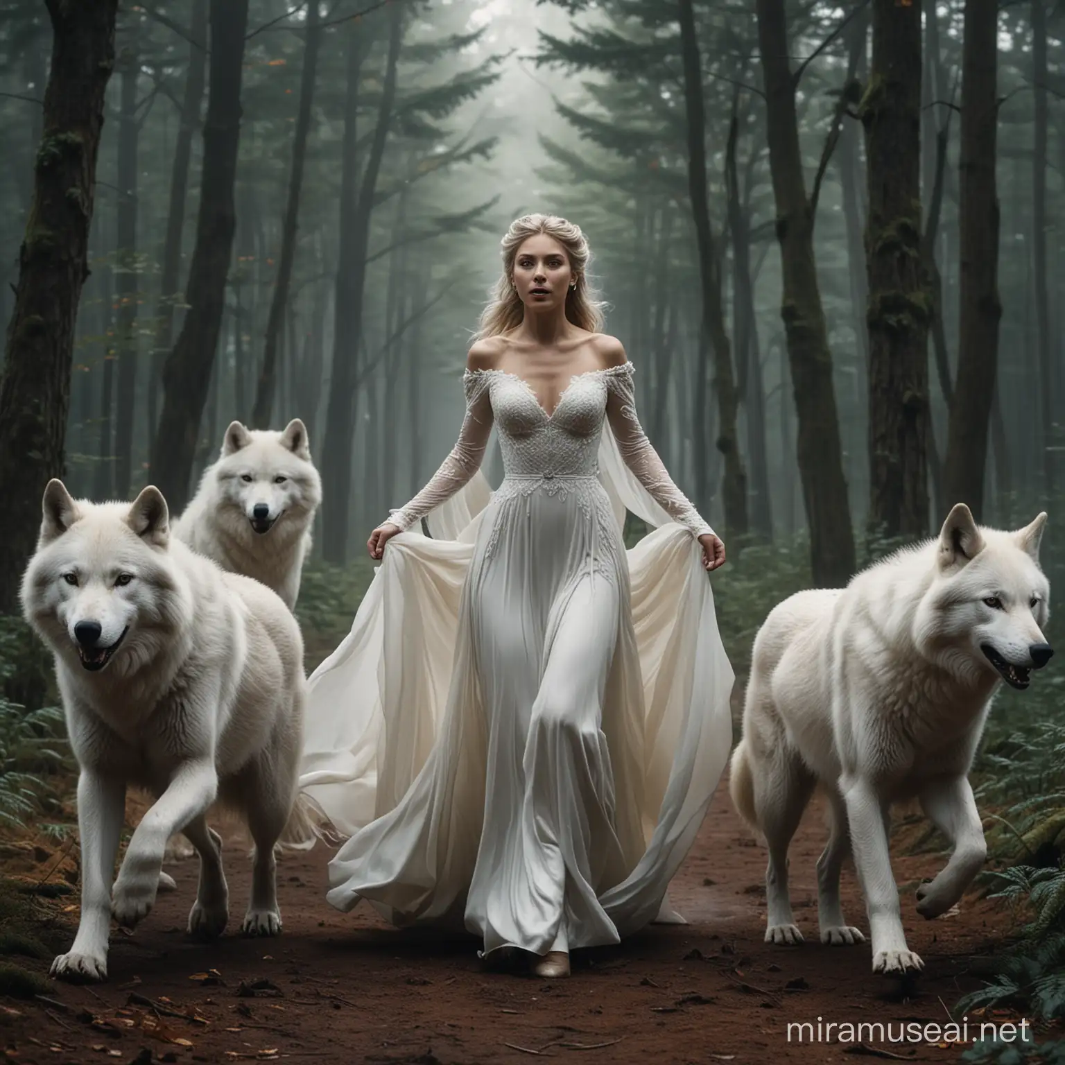 Lady on a wedding gown running in the dark forest being pursued by 3 white wolves
