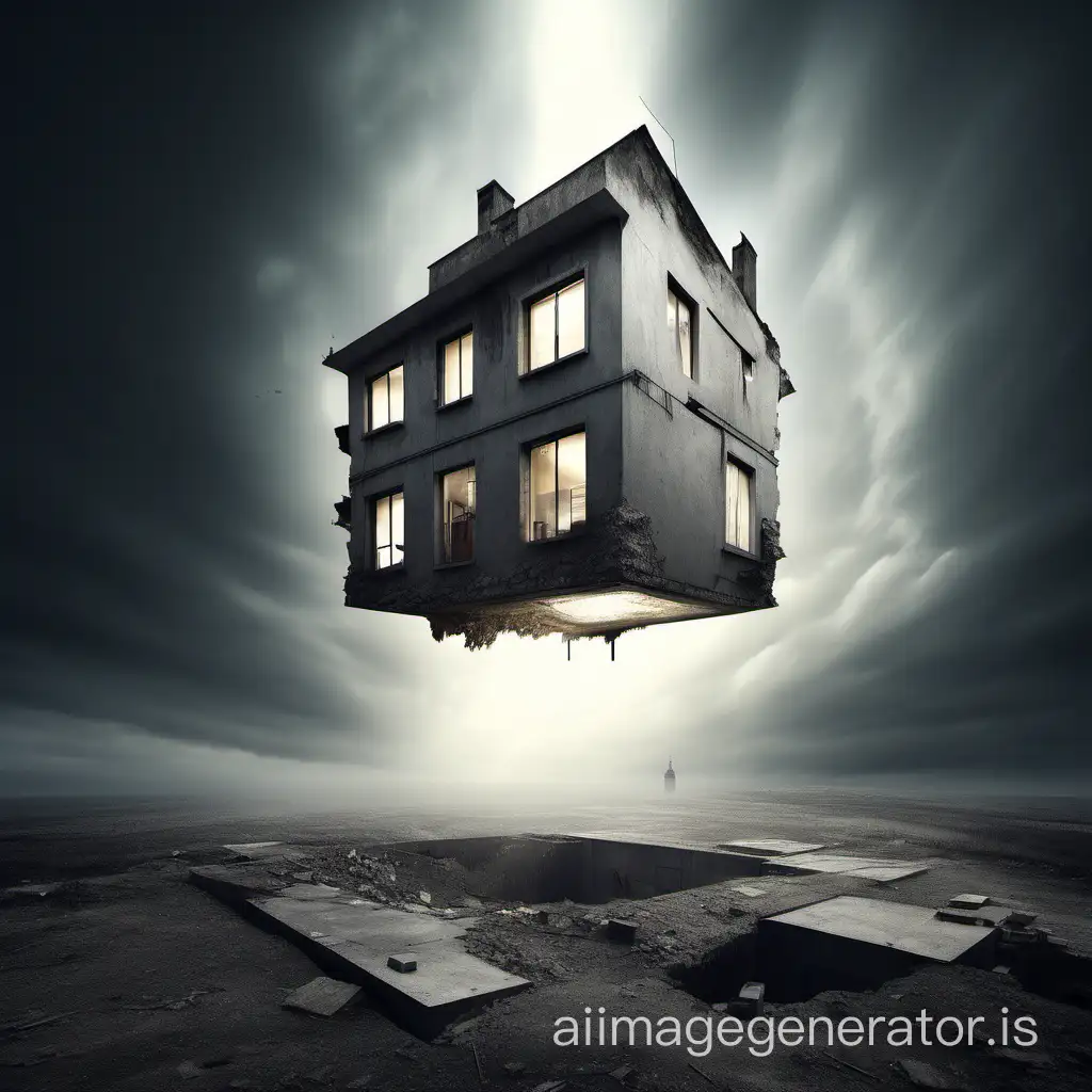 City underground. One of the rectangular houses without a roof is flying upwards from underground. Above the house is a column of light. The house is collapsing, we see it from below. Around the house are gray walls, underground. The sky and other houses are not visible.
