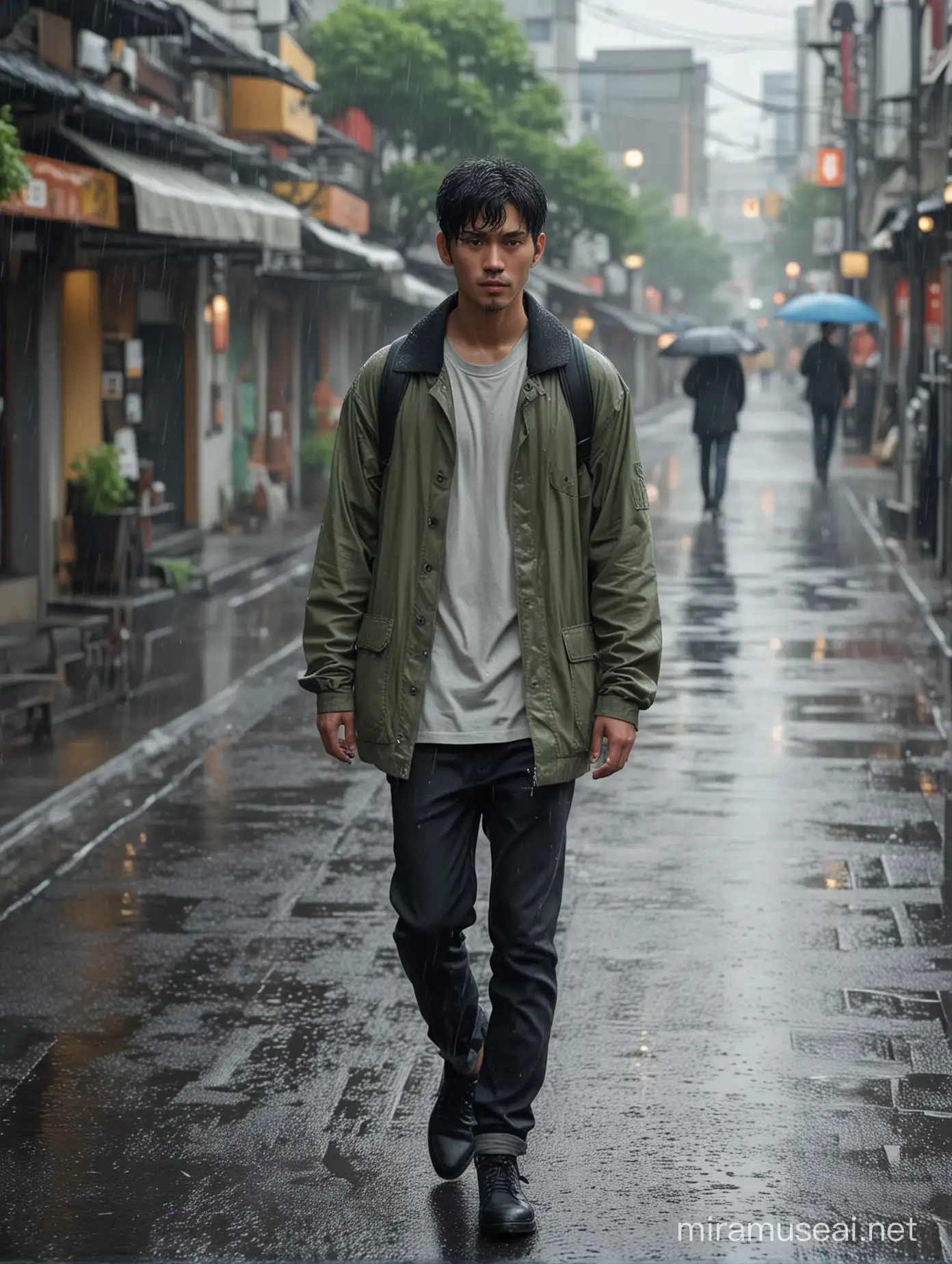 a man walking down a wet street at afternoon, Japanese model, wearing a sage t-shirt and jaket,  short black hair, walking to the right, at afternoon with rain, realistic, highly detailed, 8K, UHD
