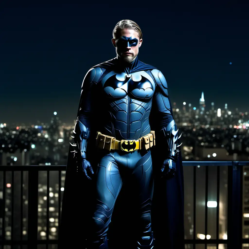 Charlie Hunnam, Batman suit, no mask, short spiky hair, Gotham city, night, Batman symbol projected in sky, full body length