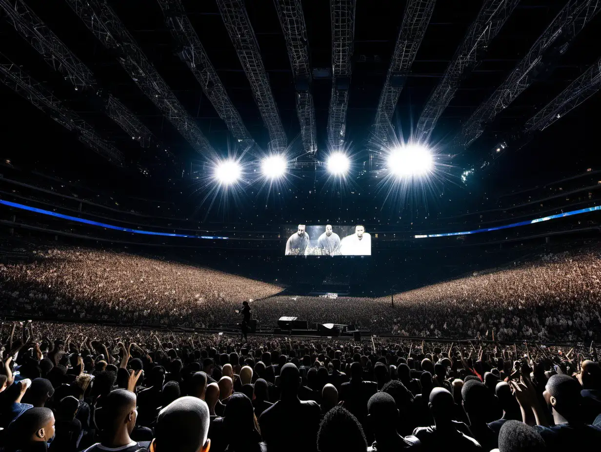 drake performing, in a 200,000 seats staduim. Natural light, global illumination, uplight f/1.8 --ar 16:9 --seed 3000 --q 2 --v 5".